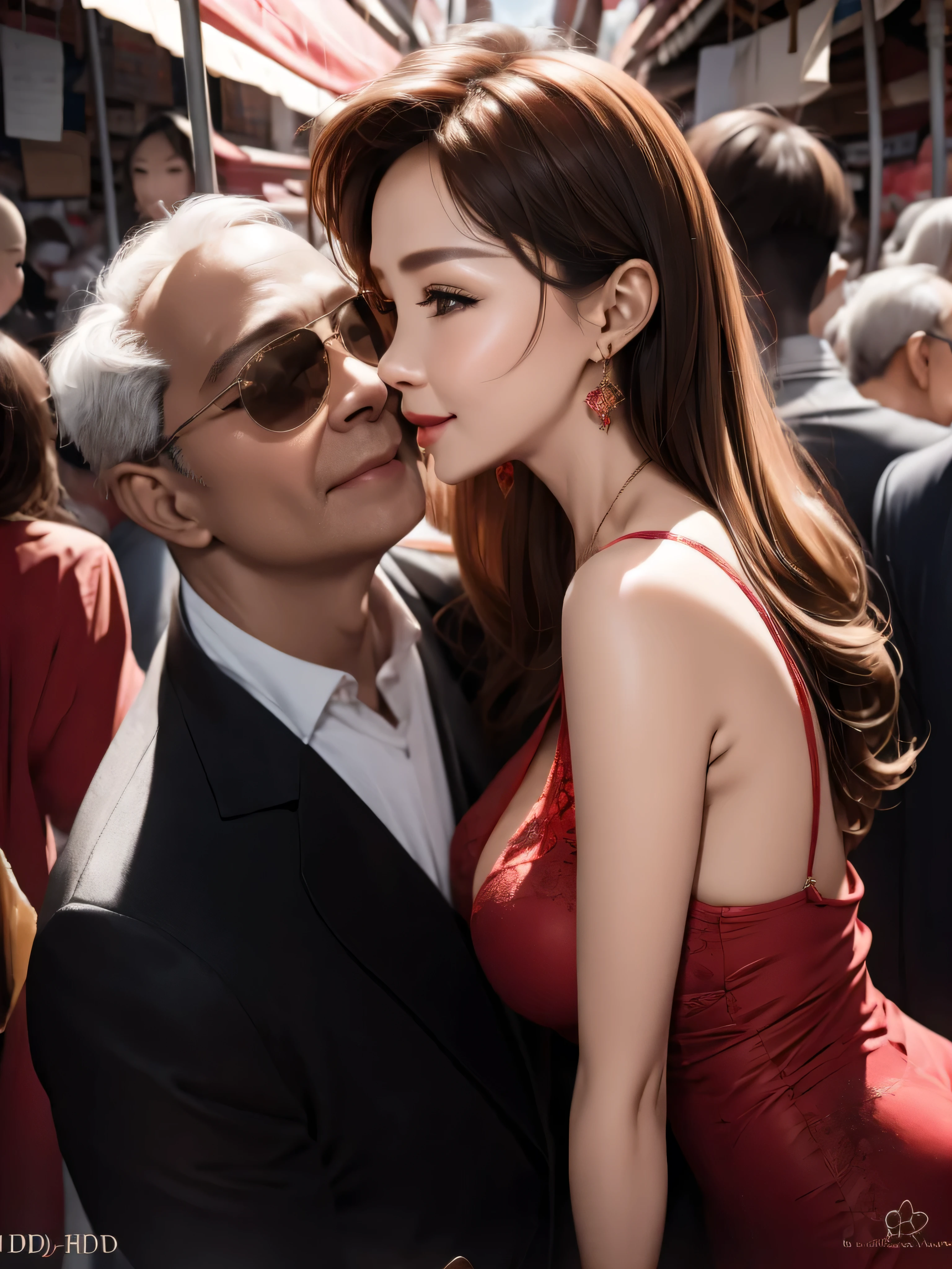 A beautiful woman wearing a revealing dress, kissing her elderly husband in the crowded market, UHD, masterpiece, textured skin, super detail, best quality, 8k.