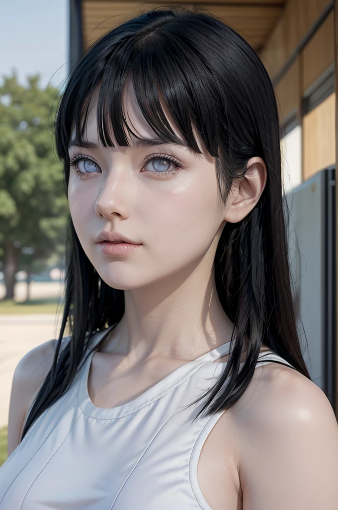 Hanabi from naruto, realistic, age 28, white skin, white pupils, black long bangs, long hair between eyes, perfect face, perfect shape body, huge breasts, 3d, posing to viewe, high detailed art