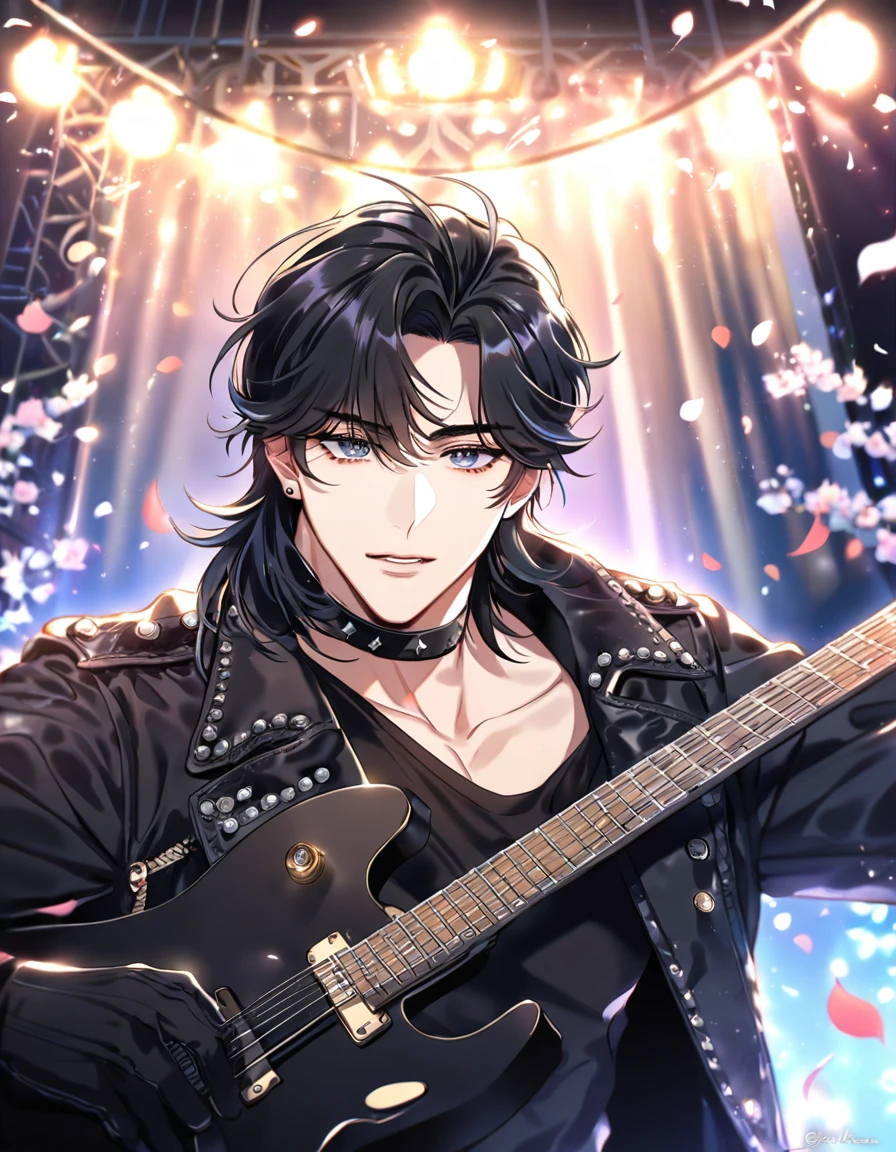 Ultra detailed, Highres, absurdres, HDR, master piece, Sebastian Michaelis, black hair, expressive red eyes, Kuroshitsuji, sexy man holding a microphone, solo, rocker, black rocker clothes with trimmings, red petals, glittering, black gloves, red flowers, sensual, fantasy, idol stage, concert, horny, erotic, toned chest, manly man, handsome smile, visual kei, close up, black cap, Black Butler,