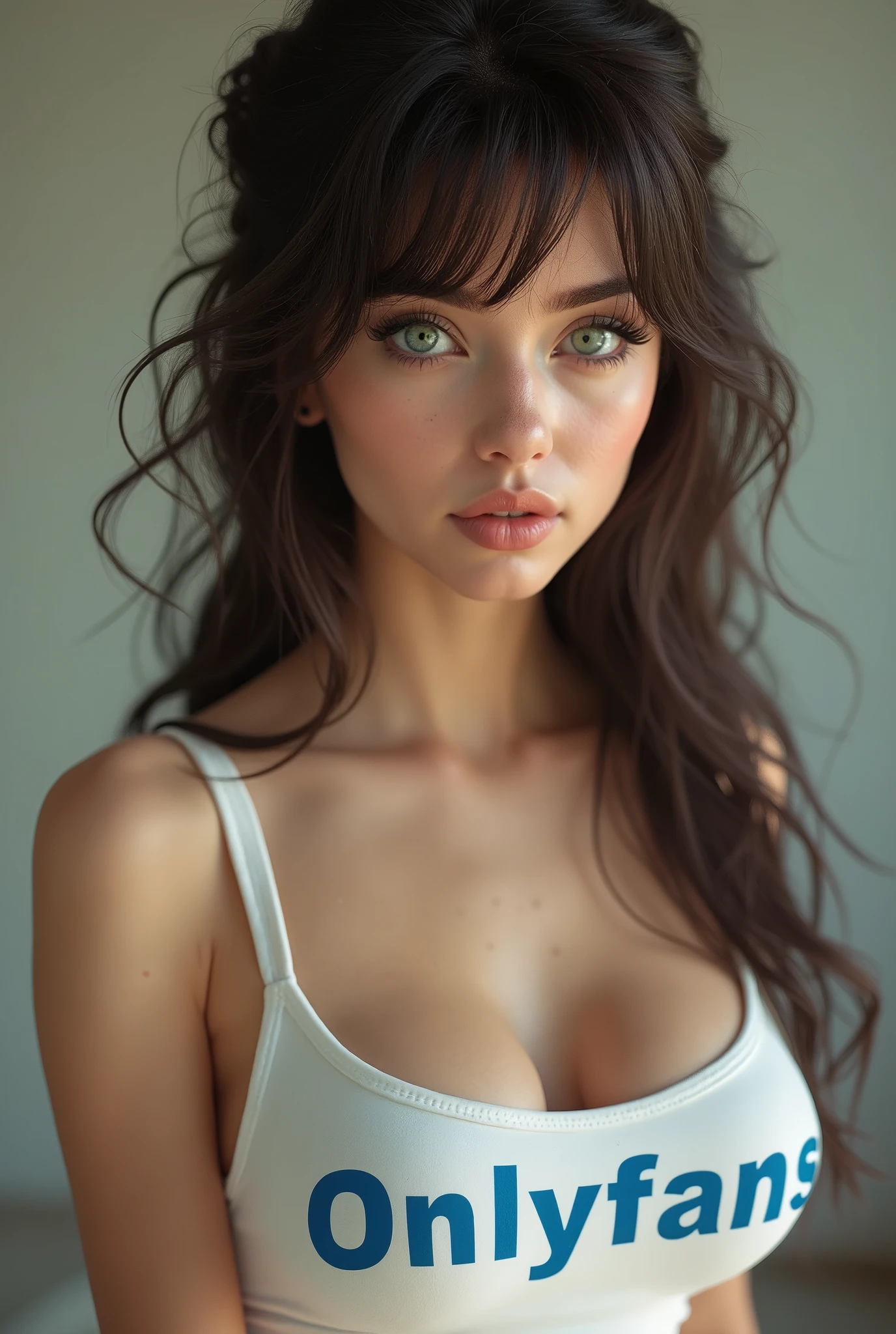 color photograph, close-up, ((a realistic photo of a beautiful girl)), (milalc), light, ((glowy skin)), looking_at_viewer, (fit body:1.0), ((large breasts)), long hair, detailed illustration, masterpiece, high quality, realistic, very detailed face, freckles, black hair, blue eyes, black shirt in the mall