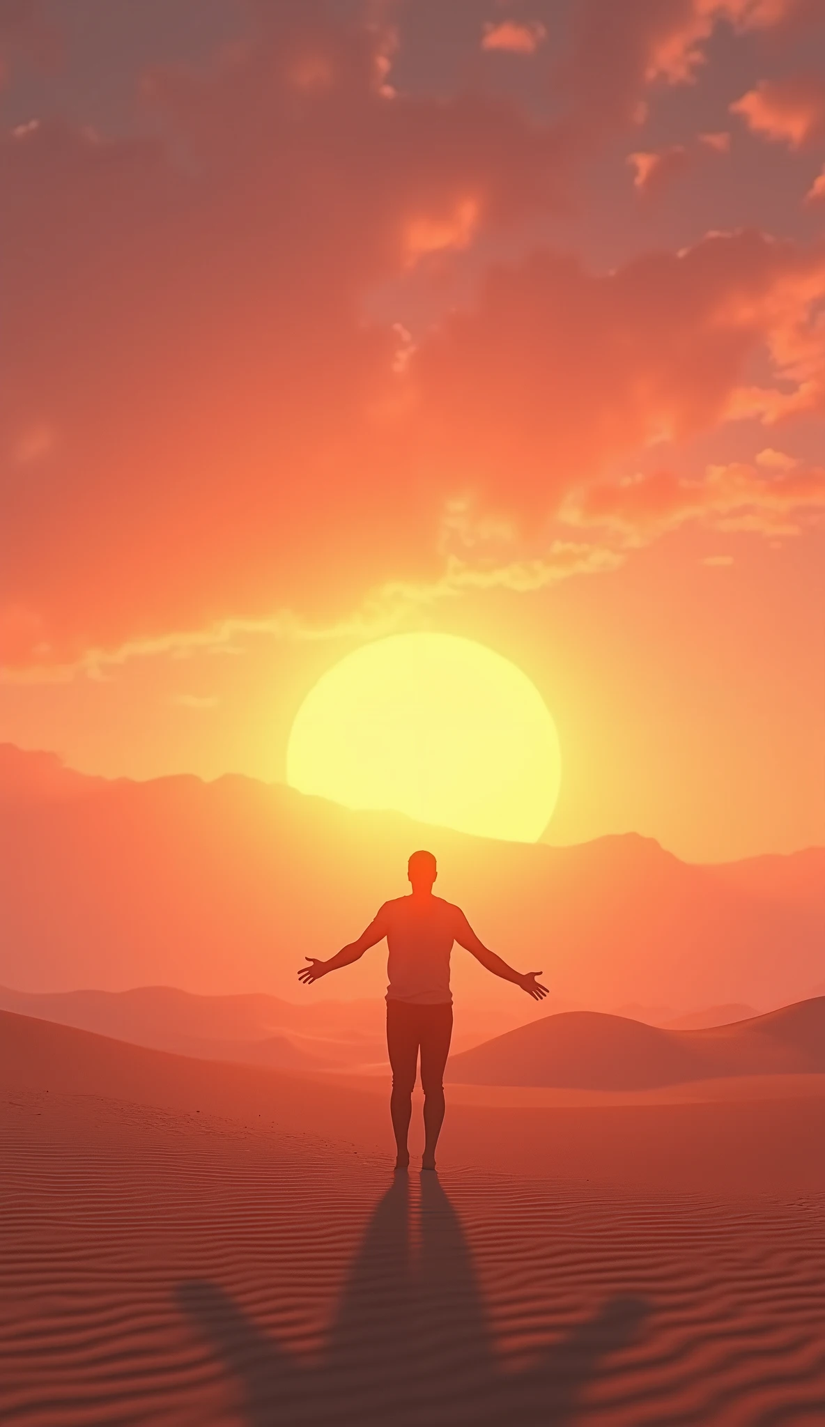 Create a desert world with cities that have blue light spots, like magic. Place a dark guy in the middle with his arms open facing the sun, but seen from far away 