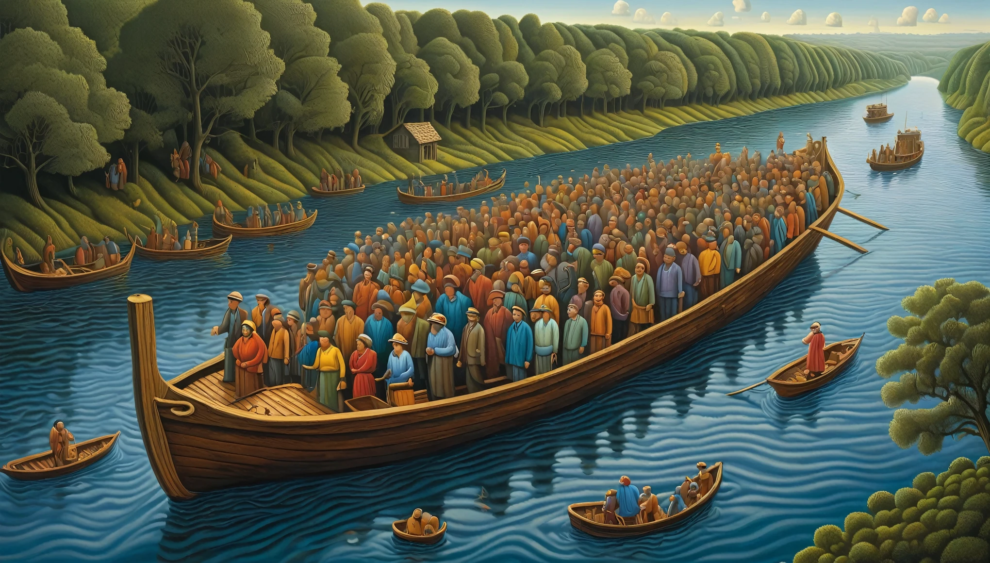 painting of a large group of people standing on a boat in a river, jacek yerka and vladimir kush, satirical painting, pj crook, jim warren and rob gonsalves, oil painting of an overpopulated, by Rob Gonsalves, happy colors. rob gonsalves, by Ivan Generalić, absurdist art, inspired by Jacek Yerka