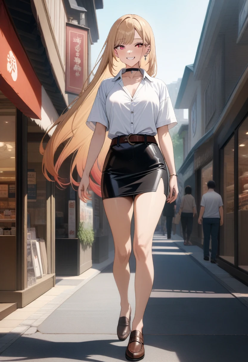 realistic anime illustration of young woman, (kitagawa_marin, blonde_hair, choker, ear_piercing, bangs, jewelry, earrings, very_long_hair, red_eyes, swept_bangs, multicolored hair), smiling at shopping mall 's street, she wearing white short sleeve collared unbuttoned top shirt, (black pencil mini skirt with belt), and loafer ((masterpiece:1.2), (best quality:1.2), (very aesthetic:1.2), (absurdres:1.2), (detailed background), intricate details, newest), (1girl, solo, full body), (japanese anime style)