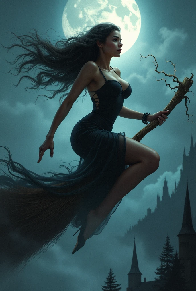 Sexy witch, flying on her broom, brunette, perfect face, white locks of hair, big breasts, cleavage, starry sky, flying over forest, red full moon.