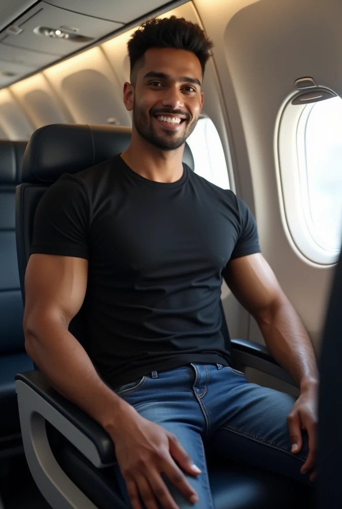 (male), handsome male CA, flight attendant, tan, muscular, full-body, chest visible from uniform, in airplane, (high detail: 1 of 1), natural skin, high quality, NSFW, beautiful eyes, (detailed face and eyes), (face: 1 2), noise, real photo, PSD, sharp focus, high resolution 8K, realistic, professional photo, 8K UHD, soft lighting, high quality, film grain, Fujifilm XT3
