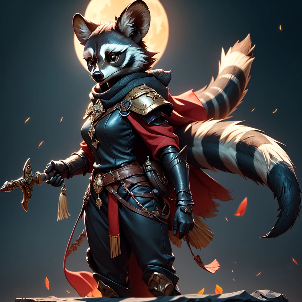 Wide-angle panorama, (Cute image standing all over the body:1.5), (raccoon-like furry body and raccoon’s paws:1.5), (A plump chest), ( anime styled 3d:1.5), Metal armor skirt, Metal armor underwear, (Hairy limbs:1.45), (Very long, Fluffy raccoon tail:1.45), (Extremely detailed CG Unity 16k wallpaper:1.3), Dynamic Angle, the golden ratio, (tmasterpiece:1.37), (Detailed:1.15), Cinematic light, Side lighting, hdr, Perfect iris, (applause), Lifelike texture, （realisticlying：1.37）, (ssmile:1.1), Ray tracing, hyper HD, (Best quality:1.13) full body, diorama、battle ground background、full moon, masterpiece, Best Quality, Capture super cute moments, depth of fields, A female raccoon in medieval armor from the 1200s, custom armor, holding large sword, night, medieval castle, stone floor, very detailed, masterpiece, ultra resolution, perfect quality ,vivid colors,fiery eyes,determined expression,confident pose,strong shadows,noble stance,majestic,heroic,vibrant,stylized detail,legendary presence,dark atmosphere,surreal,mythical,adventurous spirit