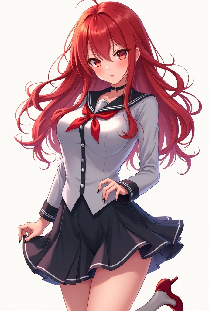 stella vermillion, school uniform, garter straps, black thighhighs, cross-laced footwear, Big breast, angry, :o, full face blush, eyeball, tearing up, undressing