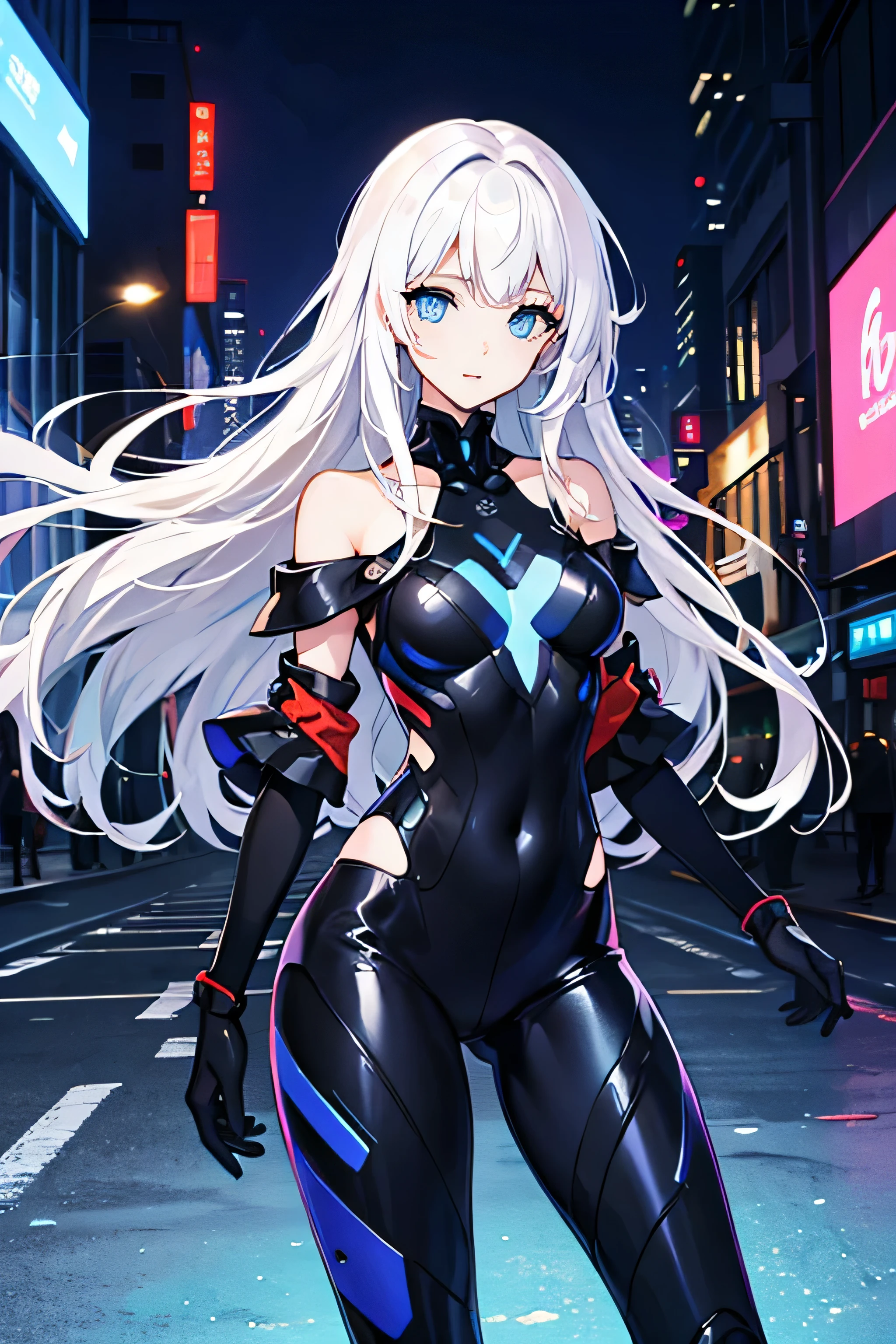 (masterpiece), (best quality), (highest Quality), (Ultra detailed), (highest Resolution), 8K, High definition RAW color art, holographic, anime style, beautiful face, ((ultra detailed face)), (deep blue eyes:1.4), (solo), beautiful and detailed eyes, looking at viewer, boshoujo, lady, mecha suit, bodysuit, cyber suit, cowboy shot, (bare legs:1.2), (off shoulder:1.4), (white hair:1.4), (long hair:1.4), (straight hair:1.4), slender, thin body, thin arms, thin legs, long arms, long legs, street, urban, city, night, cyberpunk