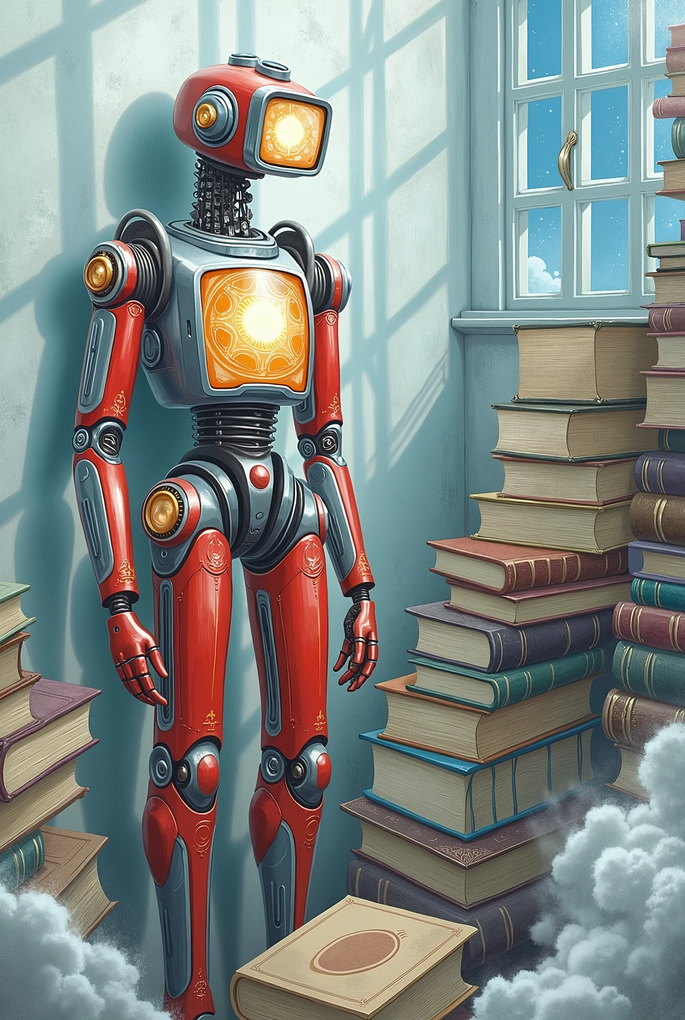 metal_tee, a futuristic library filled with robots and books. There are several robots scattered throughout the scene, a robot is standing on a platform, creating a visually appealing atmosphere, vector digital illustration, (black background:1.5) <lora:metal_tee_sdxl:1>