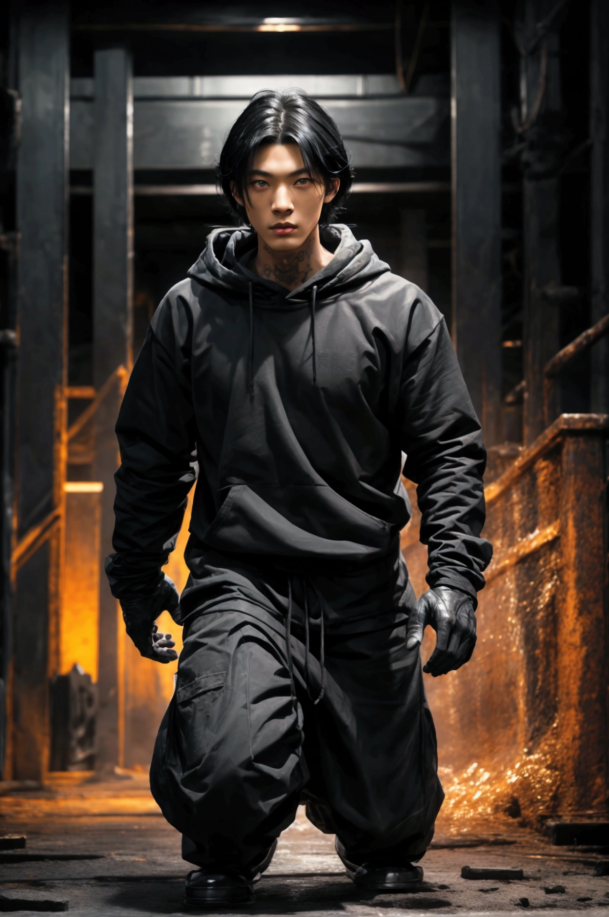 1 guy solo, black hair very short  , hood black  , black sweatshirt , Korean is handsome, white eyes bright transparent  , looks at the viewer, , , apocalypse, full height , Lino ,High resolution, Flashing pupils WHITE , Realistic anatomy, Best quality, masterpiece, Action painting, Widescreen format, epic pose , in detail, monster claws are black , with tattoo inscription on neck hieroglyph chinese