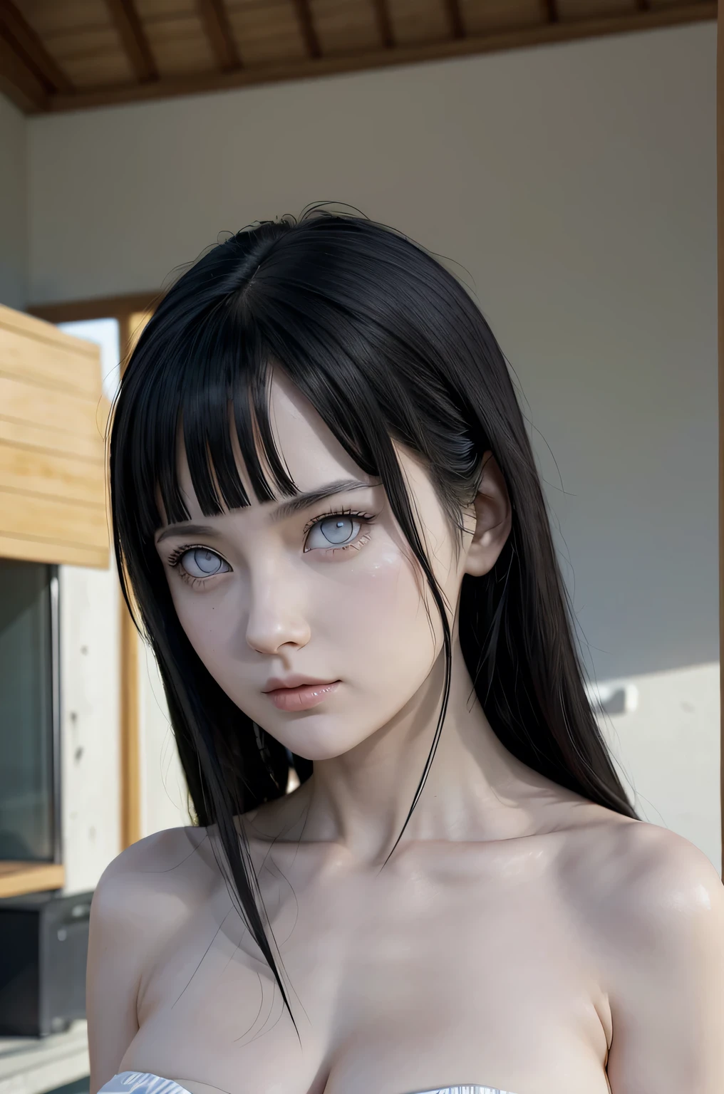 Hanabi from naruto, realistic, age 28, white skin, white pupils, black long bangs, long hair between eyes, perfect face, perfect shape body, huge breasts, 3d, posing to viewe, high detailed art