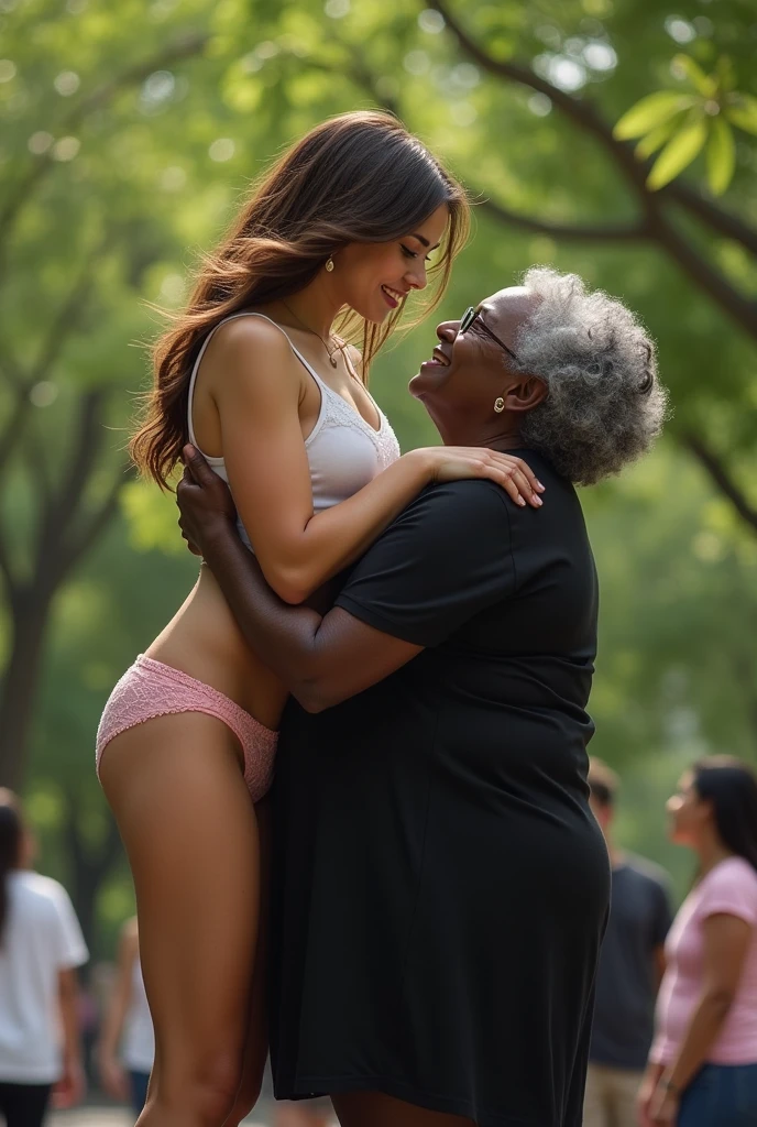 Create a photo of a 20 year old young woman, with a slender and beautiful body, wearing jeans and an open white shirt and is braless, with white and clear skin, with long brown hair, wearing a red cap that is backwards, wearing sunglasses and a white backpack being kissed by a 90 year old lady, obese, dark black skinned, who wears glasses and a blue dress.