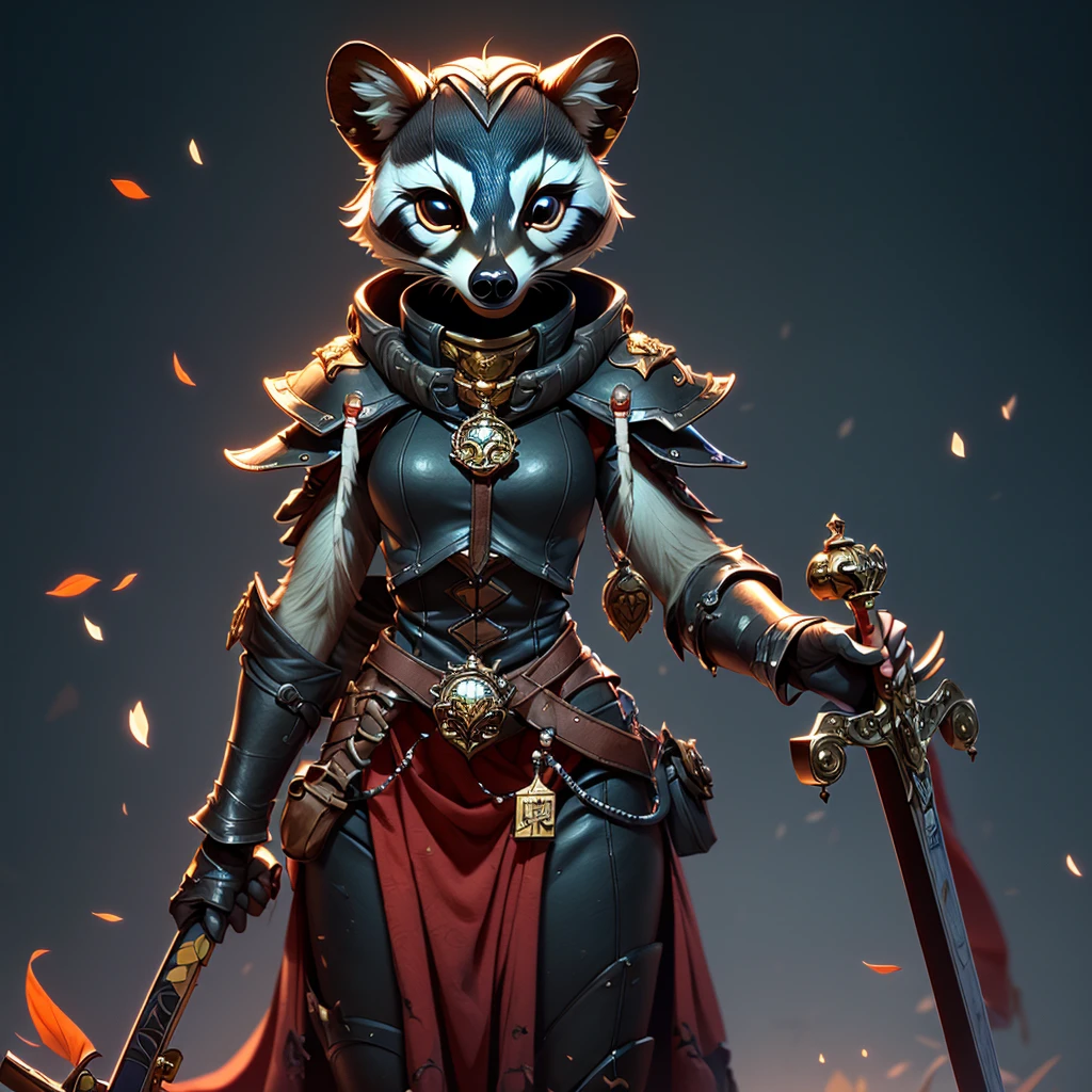 Wide-angle panorama, (Cute image standing all over the body:1.5), (raccoon-like furry body and raccoon’s paws:1.5), (A plump chest), ( anime styled 3d:1.5), Metal armor skirt, Metal armor underwear, (Hairy limbs:1.45), (Very long, Fluffy raccoon tail:1.45), (Extremely detailed CG Unity 16k wallpaper:1.3), Dynamic Angle, the golden ratio, (tmasterpiece:1.37), (Detailed:1.15), Cinematic light, Side lighting, hdr, Perfect iris, (applause), Lifelike texture, （realisticlying：1.37）, (ssmile:1.1), Ray tracing, hyper HD, (Best quality:1.13) full body, diorama、battle ground background、full moon, masterpiece, Best Quality, Capture super cute moments, depth of fields, A female raccoon in medieval armor from the 1200s, custom armor, holding large sword, night, medieval castle, stone floor, very detailed, masterpiece, ultra resolution, perfect quality ,vivid colors,fiery eyes,determined expression,confident pose,strong shadows,noble stance,majestic,heroic,vibrant,stylized detail,legendary presence,dark atmosphere,surreal,mythical,adventurous spirit