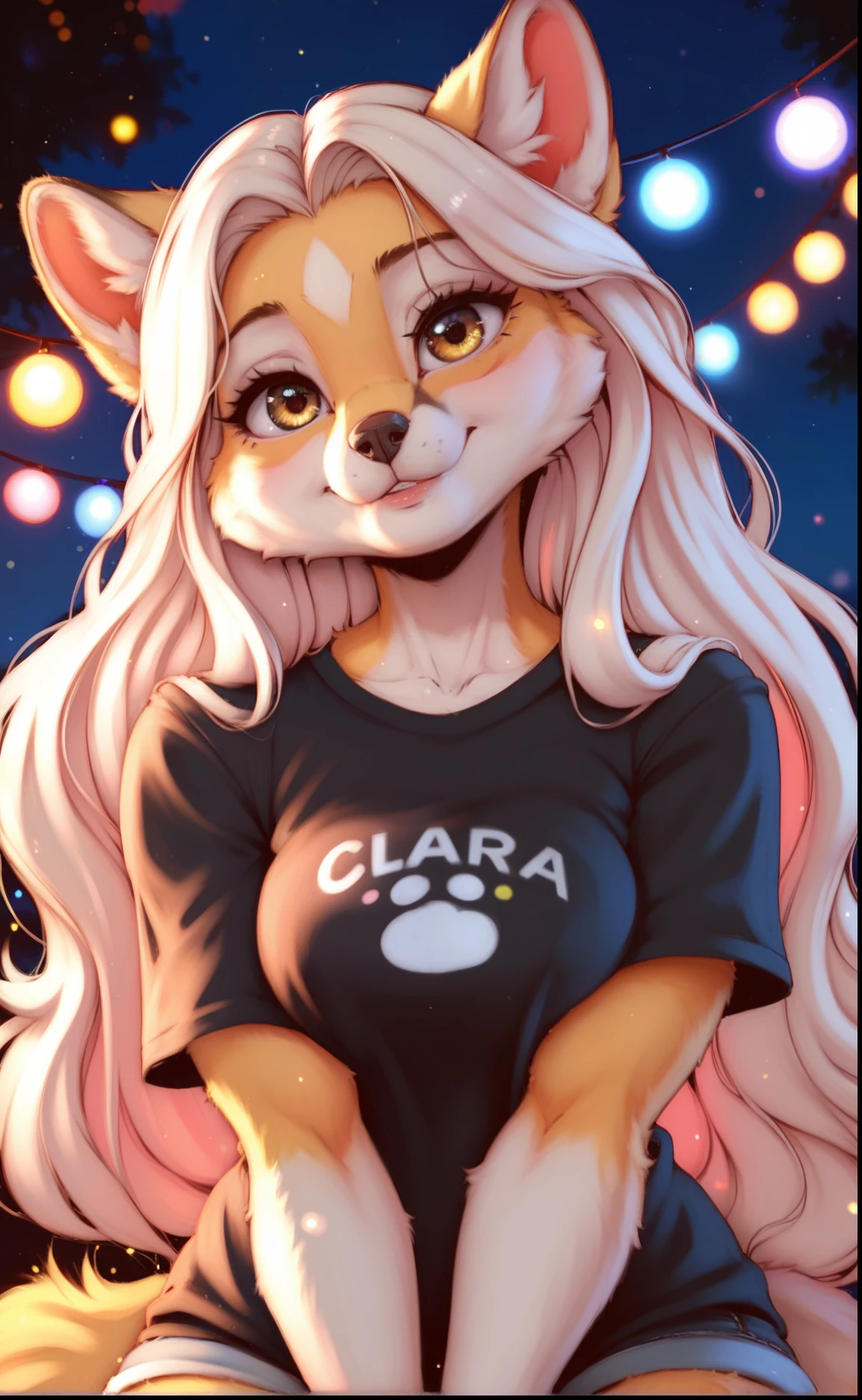 score_9, score_8_up, score_7_up, 1 furry girl, 4k, HDR, white fur, long hair, ultra cute face, ((red and yellow elements on fur)), wearing a black t-shirt, beautiful lights and shadows, ultra detailed fur,