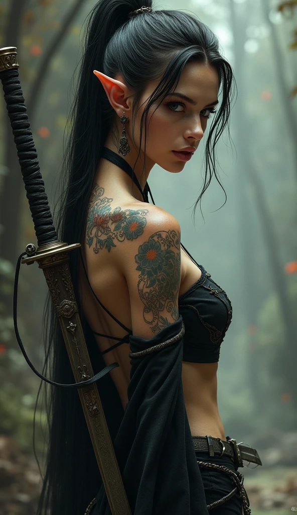 woman with long black hair, blue colored eyes, white skin color, intimidating, powerful, tattooed, with a black formal outfit. She has a katana in attack mode in her hand..