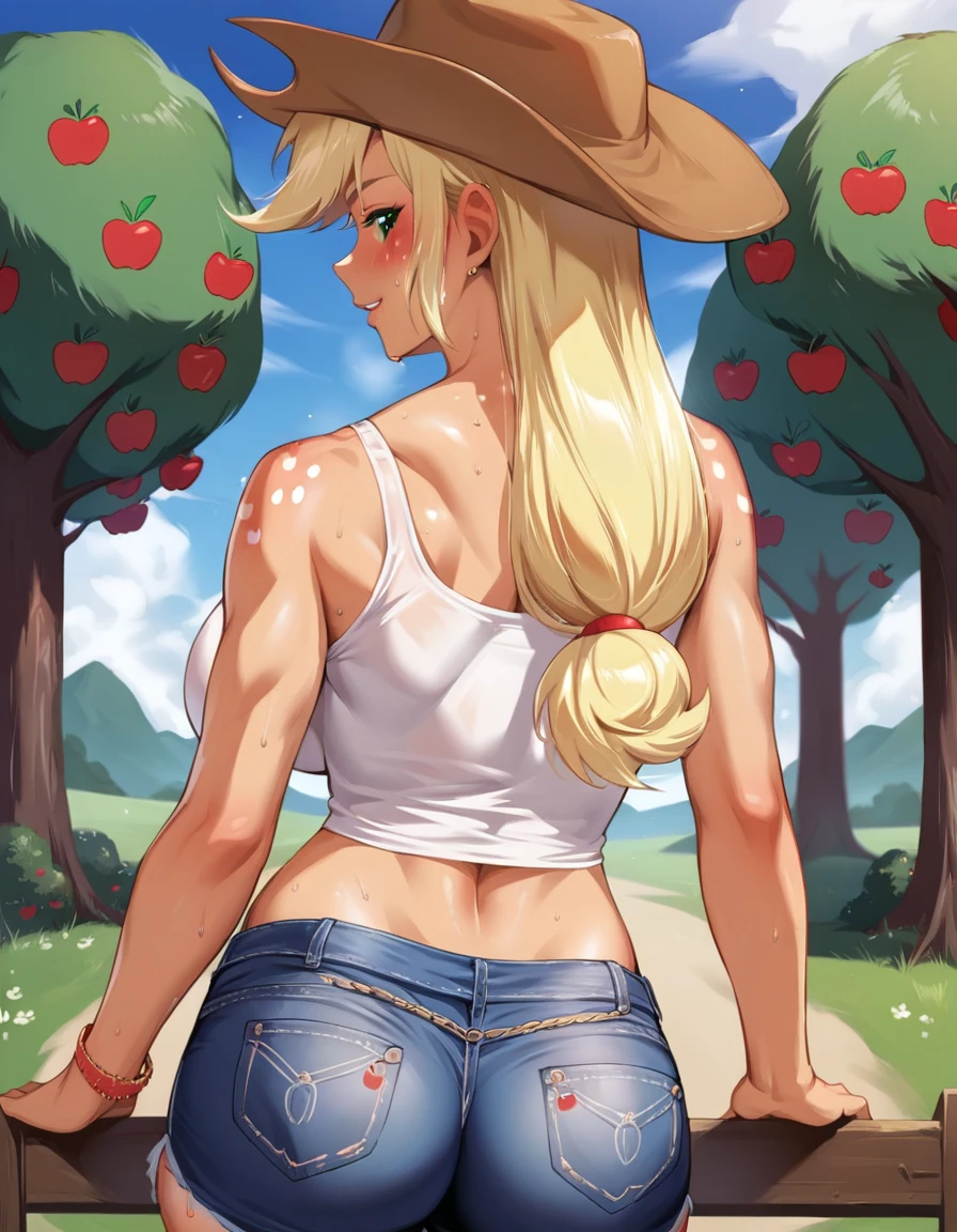 score_9, score_8_up, score_7_up, score_6_up, source_anime, source_pony, (applejack human:1.3), BREAK rating_questionable, (applejack, human:1.3), mature, slutty, tall, nice ass, pussy, large breasts, ikuchan, detailed background, slutty, tanned, tanlines, big ass, (sweating), outdoors, large breasts, curvy, spread ass, pulled down shorts, white tank top, wide hips, fat ass, glancing over shoulder, (sweat)