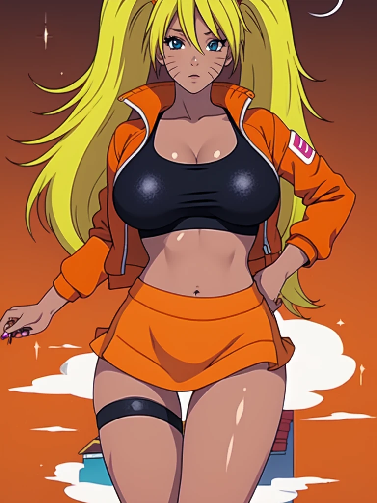 1masterpiece, high resolution 4k, high detalied, 1girl, 2, (full body), standing, legs apart, solo, (yamanba gyaru girl), [ganguro girl], shiny skin, (dark skinned female), [tanned skin], long blonde hair, hime cut, bangs, (hair up), huge breasts, big eyes, ligth blue eyes, hip bones, collarbones, orange jacket, open jacket, poet long sleeves, puffy sleves, sleeves past wrists, (sports mini bra only), (pencil mini skirt), (high waist skirt), high top sneakers, plataform sneakers, (orange thighhighs), [red thighhighs], nails, purple nail polish, white back ground, anime style, inspired by genshin impact. 