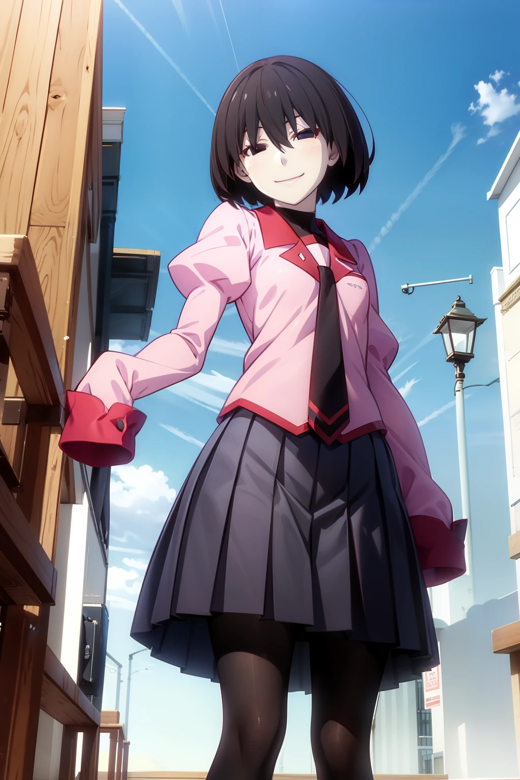 ougioshino, 1girl, Alone, looking at viewer, smile, short hair, bangs, black hair, hair between eyes, black eyes, bob cut, pale skin, Oshino Ougi, empty eyes, skirt, long sleeves, school uniform, pantyhose, pleated skirt, necktie, shoes, puffy sleeves, black skirt, sleeves past wrists, black pantyhose, turtleneck, bob cut, juliet sleeves, black necktie, sleeves past fingers, pink shirt, naoetsu high school uniform, black undershirt,Standing、Random Pause、 ((Angle from below))