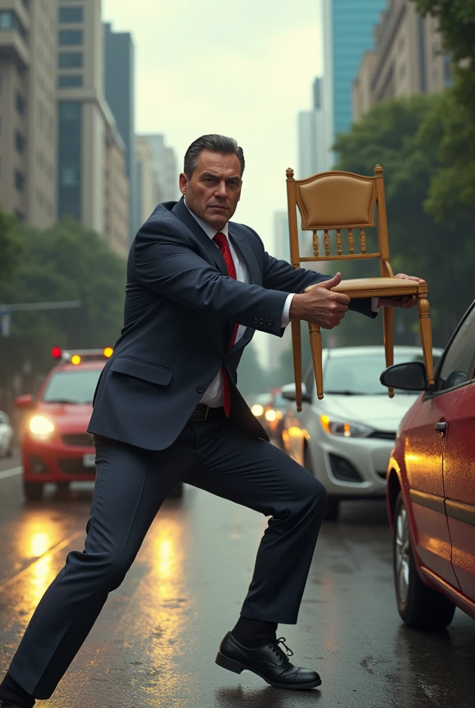 Create an image based on the covers of Pixar films where the Minister of Finance, Fernando Haddad, With the face of fury, he throws money everywhere in a crazy action without control of anything, With explosions in the background and chaos everywhere, buildings falling down