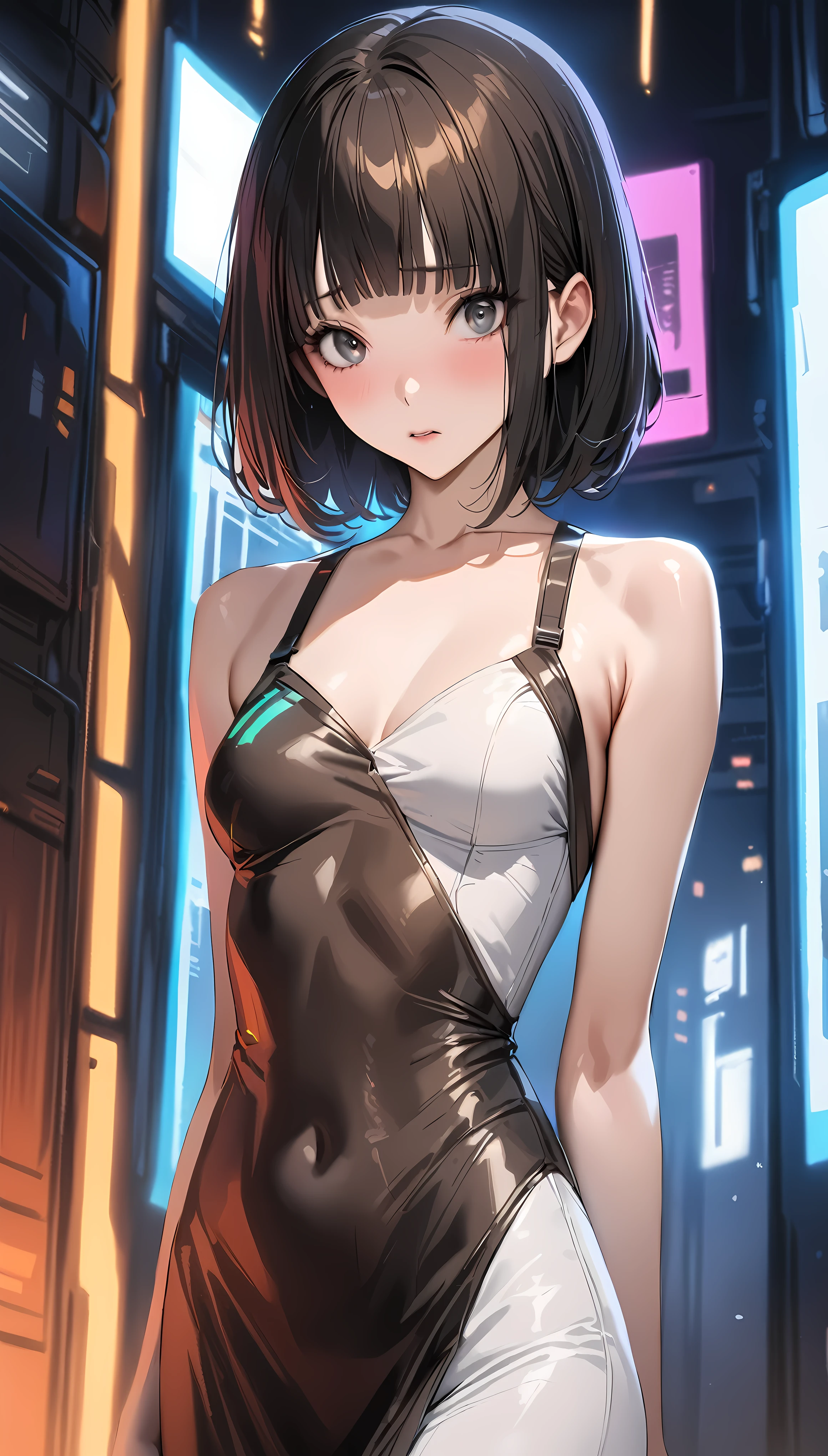 A beautiful introverted European boy wearing a short light plunging dress, 15-years-old, thigs, high detail face, high detail skin, flat chest, 8k, HDR, high resolution, photo-realistic, cinematic lighting, depth of field, bokeh, rim lighting, backlit, cool colors, night, 8K