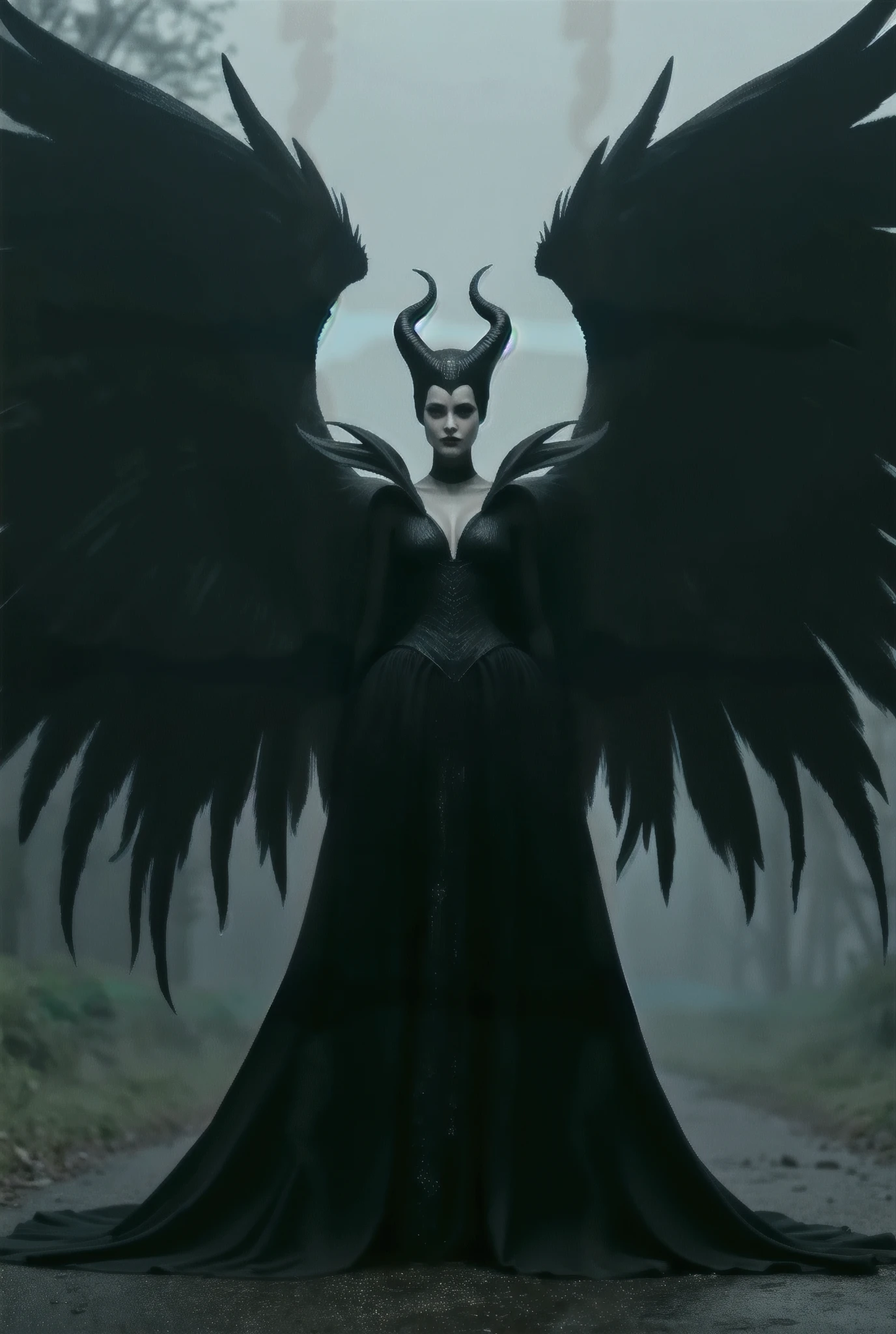 Maleficent in her dragon form, in the nude, fog encircles her naked form, in a forest 