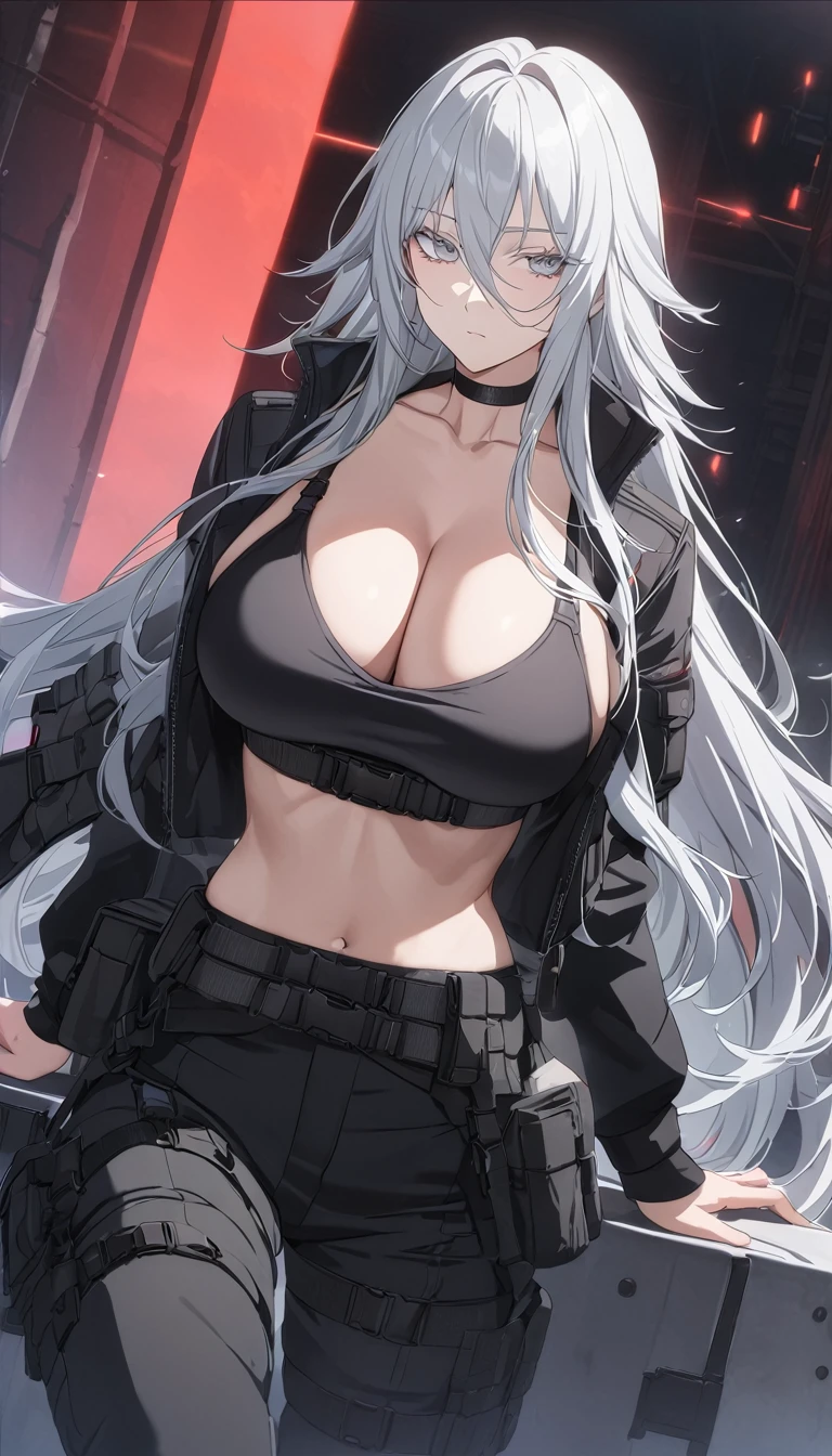 ak15, holding gun, assault rifle, glowing purple eyes, long hair, blush, lipstick,, outdoors, rooftop, cityscape, building, railing, night, night sky, scenery, moon, city lights, gloves, masterpiece, best quality, highly detailed, a girls with a gun, evil smile , open mouth, sexy gaze, badass
pose , evil smile, smile, (nsfw) not safe for work, guns blazing, anime girl with long hair, beautiful long
haired girl, navel, evil expression, exposed belly, exposed navel, exposed midriff, exposed lower belly,
long black pants, crop top, cleavage, unbuttoned leather pants ,open fly, low rise black leather pants,
leather jacket, holding a gun,