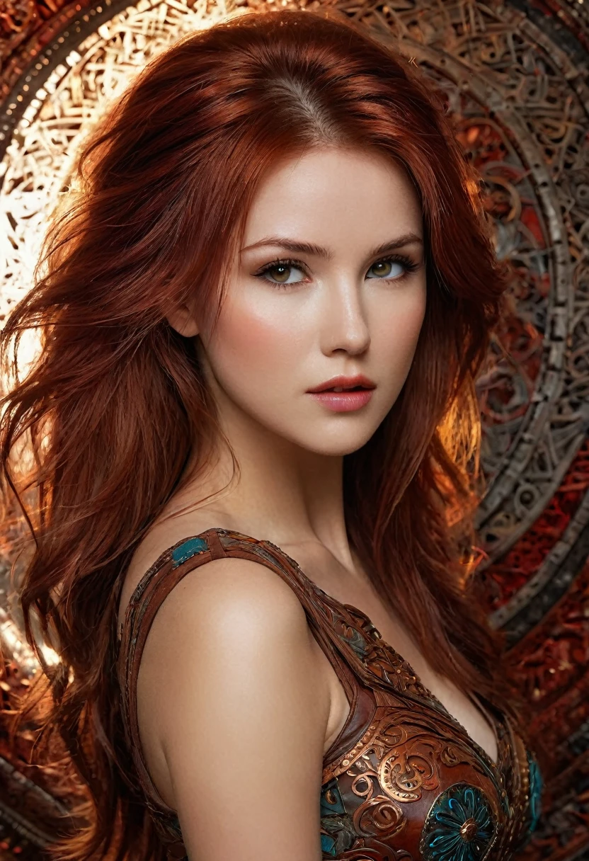 1girl, by Emily Kell and Luis Royo, 2, official art, 8k wallpaper, full length, ultra detailed, beautiful and aesthetic, red hair, brown eyes, leather small bust, skirt, A faint smile, masterpiece, best quality, realistic, extremely detailed, dynamic angle, (zentangle, mandala, tangle, entangle), the most beautiful form of chaos, elegant, a brutalist designed, vivid colors, romanticism, plasma flame