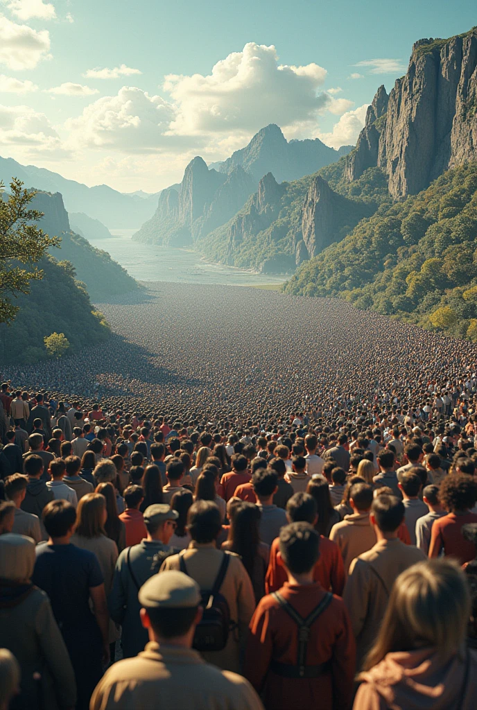Different groups of people standing in an open natural space, Como prados ou colinas. Pessoas olhando para o sol temdo eclipse, The crowd is made up of people of different races, idades, E o modo de vida. There are children, Adultos, e idosos. All of them stand before a source of light shining from the sky, And their faces are full of different emotions, a saber,, Mostra alegria, relevo, Solemnity – when they raise their hands in worship in unison. The sky behind them is full of brightness, Cores surreais do amanhecer ou do entardecer, Gives a divine impression, fundo celeste. I added a subtle shaft of light that breaks through the clouds to illuminate several people in the crowd, Enfatize algo unificador, mas pessoal.