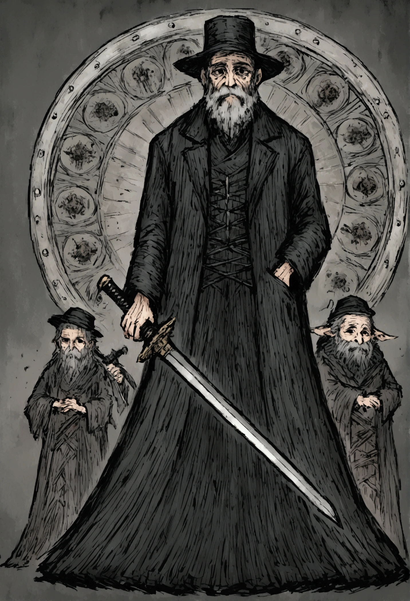 full body, black souls style, 1old man, dark blue hat, black eyes, gray hair, gray beard, lether clothes, sword in hands