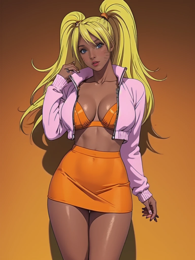 1masterpiece, high resolution 4k, high detalied, 1girl, 2, (full body), standing, legs apart, solo, (yamanba gyaru girl), [ganguro girl], shiny skin, (dark skinned female), [tanned skin], long blonde hair, hime cut, bangs, (hair up), huge breasts, big eyes, ligth blue eyes, hip bones, collarbones, orange jacket, open jacket, poet long sleeves, puffy sleves, sleeves past wrists, (sports mini bra only), (pencil mini skirt), (high waist skirt), high top sneakers, plataform sneakers, (orange thighhighs), [red thighhighs], nails, purple nail polish