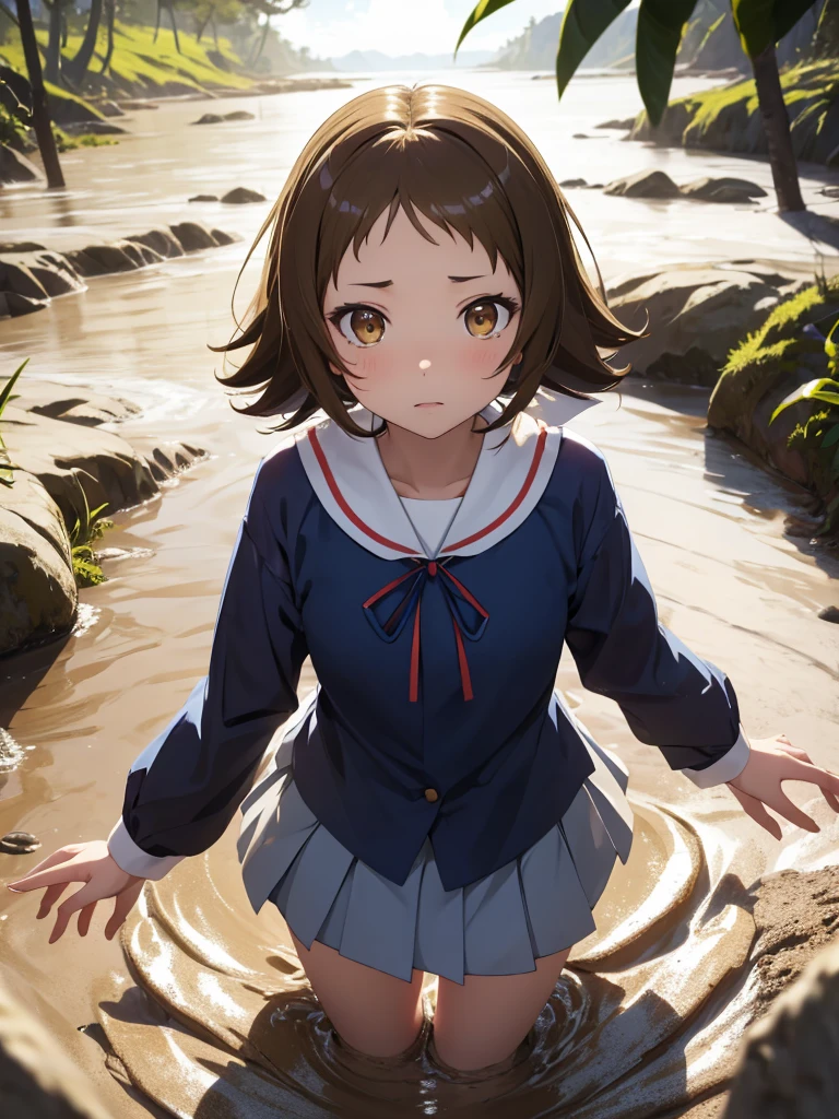 1girl, solo, masterpiece, best quality, high res, highly detailed, (illustration), light makeup, orgasm, (looking up to the sky:1.5), intimate moment, mashiromitsumine, Mashiro Mitsumine, (Brown eyes:1.5), Brown Hair, ponytail, (Flat Chest:1.2), break grey skirt, Moe sleeves、Long sleeve, neck ribbon, red ribbon, ribbon, Sailor collar, skirt, white Sailor collar, (Blue Shirt:1.5), break looking at viewer, (quicksand:1.4), (from side:0), The skirt spreads over the water, bog, swampy