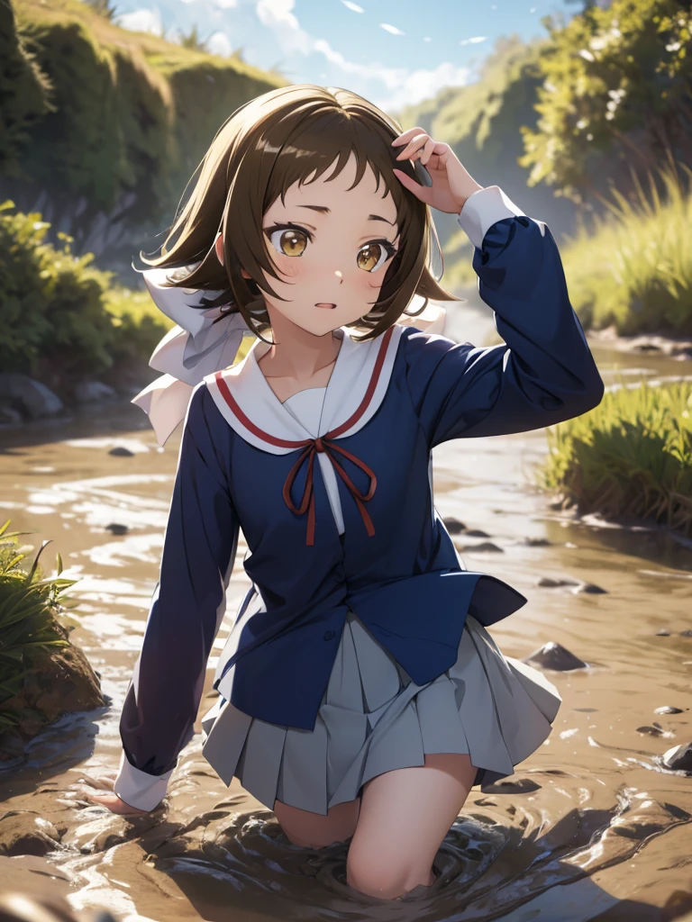 1girl, solo, masterpiece, best quality, high res, highly detailed, (illustration), light makeup, orgasm, (looking up to the sky:1.5), intimate moment, mashiromitsumine, Mashiro Mitsumine, (Brown eyes:1.5), Brown Hair, ponytail, (Flat Chest:1.2), break grey skirt, Moe sleeves、Long sleeve, neck ribbon, red ribbon, ribbon, Sailor collar, skirt, white Sailor collar, (Blue Shirt:1.5), break looking at viewer, (quicksand:1.4), (from side:0), The skirt spreads over the water, bog, swampy