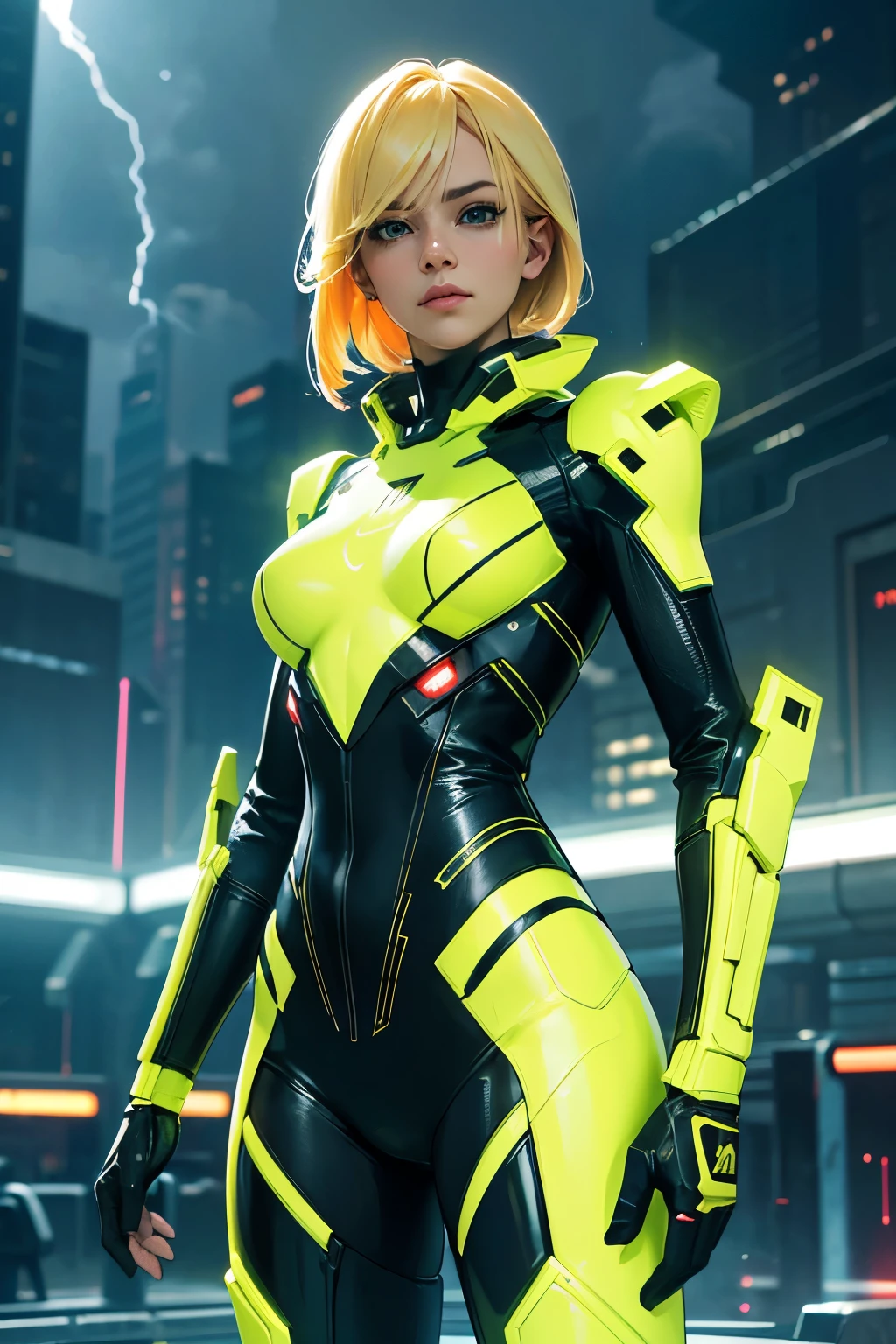 Cybernetics, action movie protagonist, Stefania Ferrario as a female warrior, wearing a yellow and white swinsuit armored cyberpunk, Perfect body, parted lips, big , big booty, cyberspace, repeating patterns, unreal, sound waves, free melody, digital world, reflection, masterpiece, 32k UHD resolution, high quality, professional photography, depth of filed, sci-fi, cinematic angle, cinematic lights, dynamic warrior pose --ar 3:4 --v 5. 2