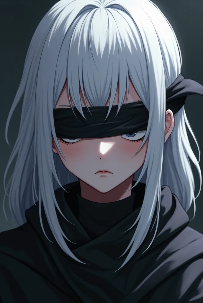  white hair male adult character, anime style, with a headband on the eyes, blind, blind, wearing a headband over her eyes, anime style, detailed face, detailed eyes, detailed anatomy, detailed clothing, masterpiece, ultra-detailed, 4k, cinematic lighting, vibrant colors, dramatic lighting, highly detailled, 4k, perfect, beautiful, sci-fi background