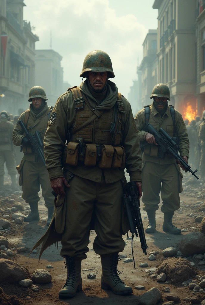 The scene depicted in this work of art is of stunning grandeur. A single soldier, with his unwavering courage, faces the fury of a thousand soldiers in an epic fight. The artistic style adopted is photorealism, which brings a level of detail so realistic that each element seems to jump off the screen.
The lone soldier, amid the chaos of battle, stands out as an imposing figure. His sweat- and dust-soaked uniform reveals the harshness of his previous battles. The marks of his scars tell stories of courage and survival. His tense muscles and determined expression show the inner strength that drives him to face an impossible mission.
Each soldier in combat is meticulously drawn, capturing the diversity of their expressions and movements. They represent an overwhelming force, a sea of uniforms and weapons, contrasting with the solitary presence of the hero. Waves of opponents approach, but he holds his ground, defying the odds.
The meticulous lighting of photorealism highlights the intense moments of the battle. Rays of sunshine pierce through the dust curtain, creating an atmosphere charged with tension and drama. The details of the weapons, the sparks of the clashes and the gestures amid the chaos are portrayed with stunning precision, bringing life to the scene.
Each meticulous brushstroke reflects the artist's dedication to capturing the essence of this unequal struggle. The viewer is immersed in the action, feeling the adrenaline and courage of the soldier facing a crowd. The artwork conveys a sense of resilience, honor and heroism in the face of adversity, extolling the inner strength of the individual in the midst of confrontation. --auto