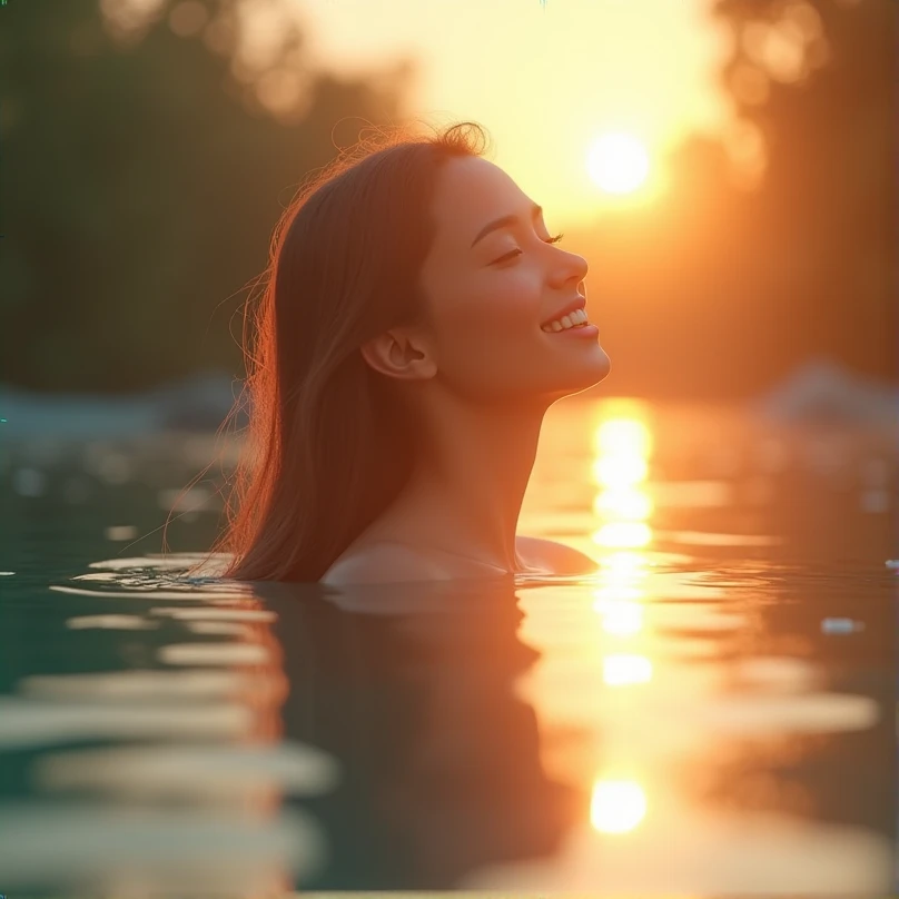 best quality,4k,8k,highres,masterpiece:1.2),ultra-detailed,(realistic,photorealistic,photo-realistic:1.37),beautiful detailed blue eyes,happy,smiling,joyful expression, natural sunlight, woman in a river, ((river water covering the roads)), long wet light brown hair, 超高分辨率, natural naked breasts, very detailed stiff wet , expressive facial expression, looking straight into the camera, drops of water on her body, European woman, artistic, image focused on the breasts, sunlight reflecting on water, dappled shadows,happy and playful atmosphere,vivid colors,portraits,bokeh.