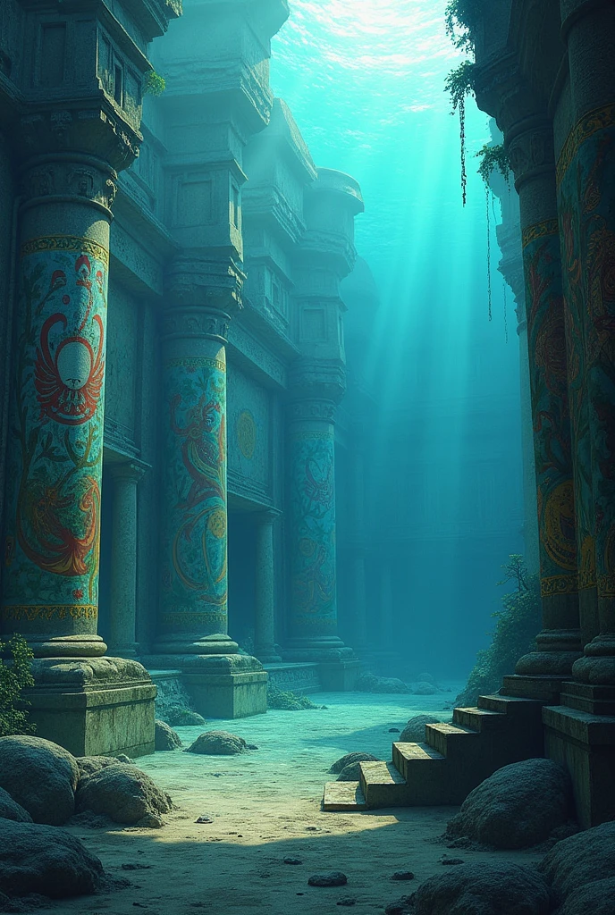Create an ultra-realistic depiction of the lost city of Atlantis. The scene is set underwater in a clear, deep blue ocean. The city features grand, ancient architecture with towering, intricately carved columns, sprawling marble plazas, and massive stone structures covered in vibrant coral and marine life. The buildings are adorned with detailed, ancient symbols and mosaics.In the foreground, show a partially collapsed temple with ornate statues and a large, ornate fountain, now surrounded by schools of colorful fish and drifting seaweed. Sunlight filters through the water, creating dappled patterns on the ruins and casting a serene, ethereal glow. Use high-resolution textures and detailed lighting effects to capture the realistic decay and underwater ambiance, with clear visibility of the surrounding sea life and the crystal-clear water."