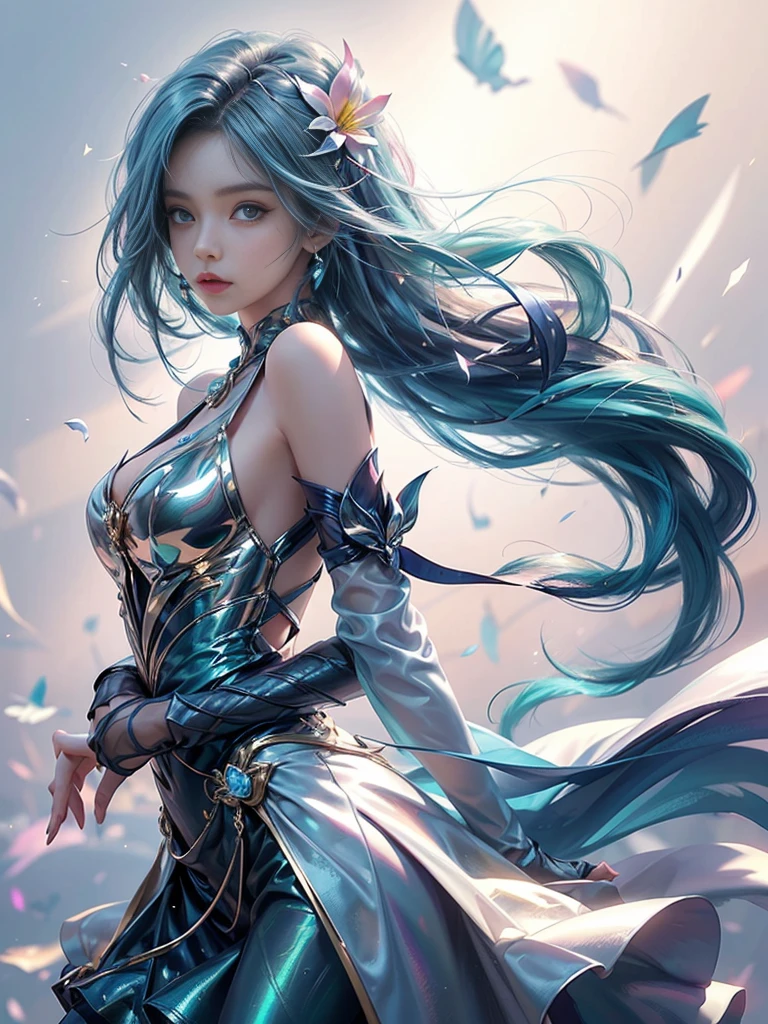 （Best quality at best，tmasterpiece），1girl，galaxias，glitters，Dress off-the-shoulder，Particle，Eau，florals，The fish，Mermaid princess，full bodyesbian，A long fish tail，Dark simple ocean background，Blue gradient silver，