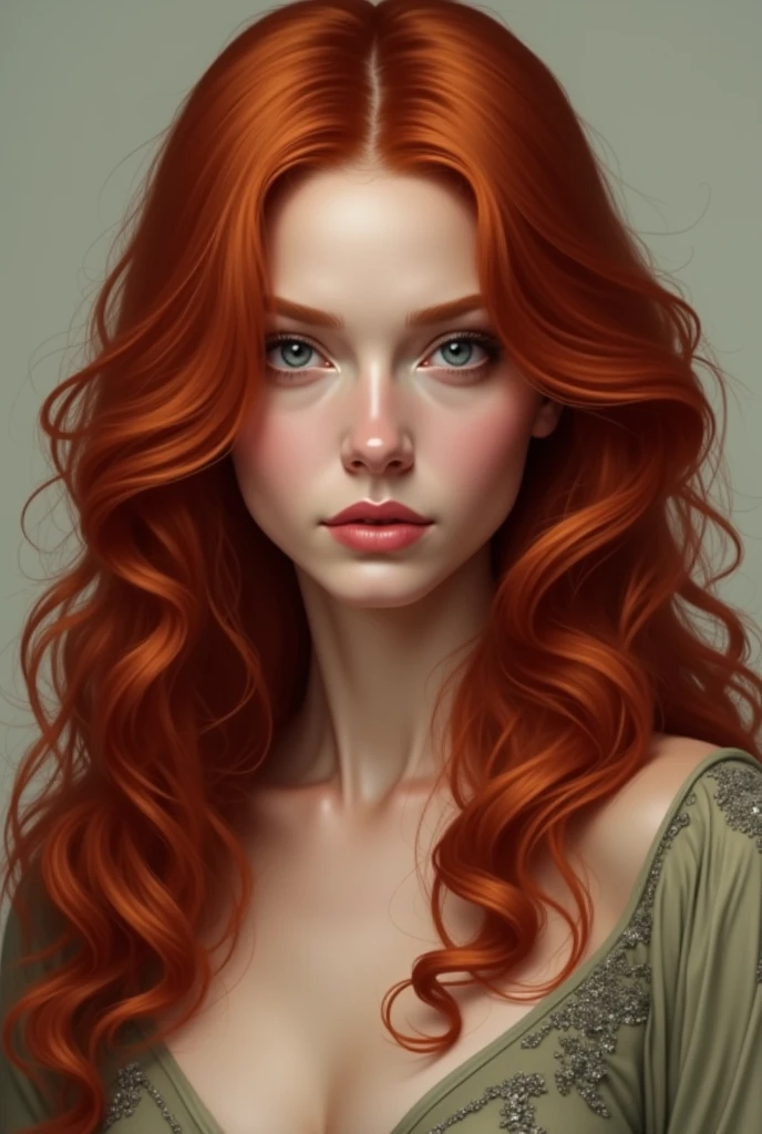 A woman of 1,50 tall, long curly voluminous red hair , fair skin with medium freckles, eyes with heterochromia, hourglass physique