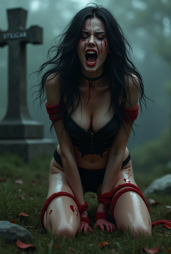 A naked woman impaled on a tree, her body pierced by a sword, bleeding, sitting position as if she is being executed, surrounded by many pieces of a woman's head and body, scattered as if after a massacre, underneath a pool of bloody water, in the middle of the desert, hands and feet tied with chains, her body full of wounds, sensual body, large breasts, short wavy hair, beautiful Asian woman, tied with chains, in the sahara desert, showing a sinister atmosphere, dusk, fog, rain, very realistic, very realistic.