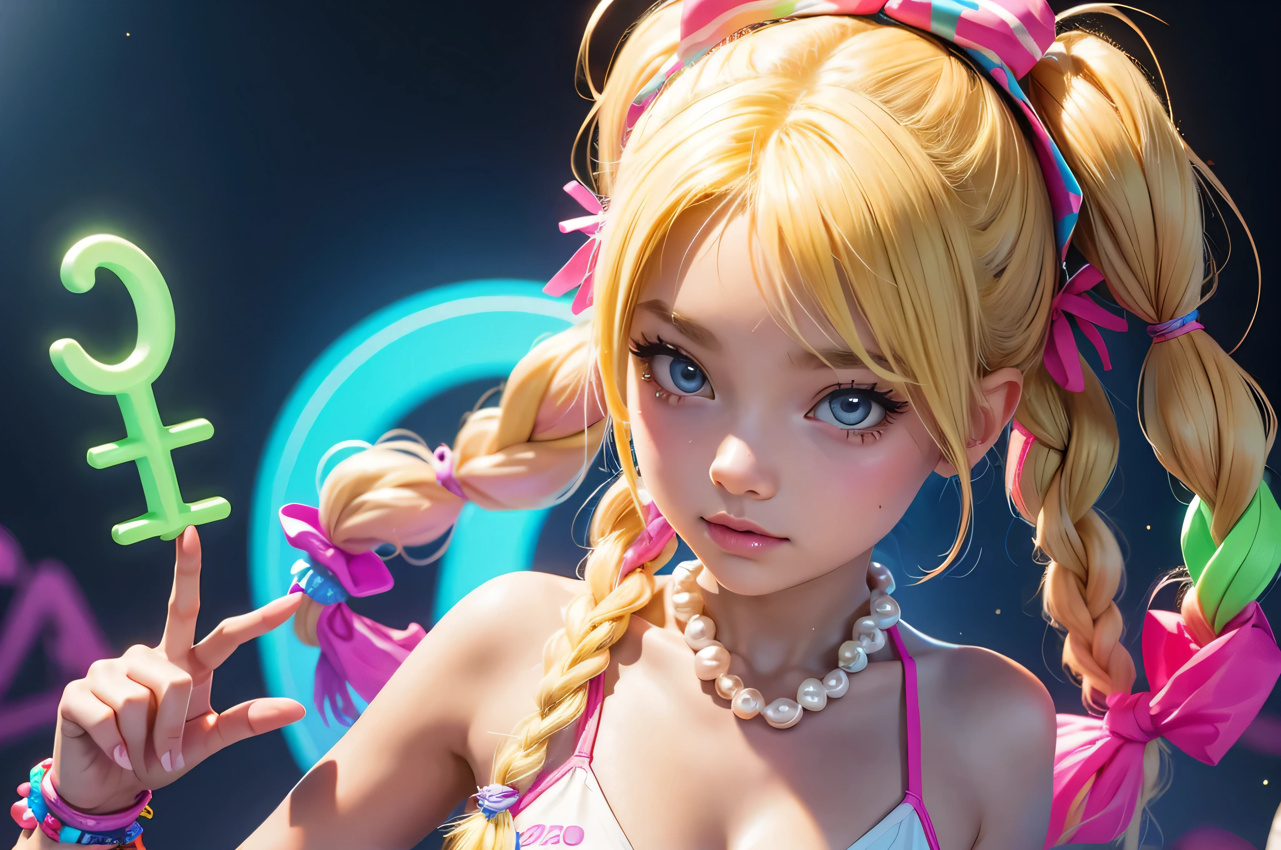 blond woman in a bikini with braids and a choke, wearing pearl neon bikini, colorful pigtail, blond hair with pigtails, y 2 k cutecore clowncore, blonde goddess, electronic bikini, rave inspired, bold rave outfit, decora inspired, cute rave outfit, divine ray over her head, rave outfit, cute bikini, lone petite female goddess