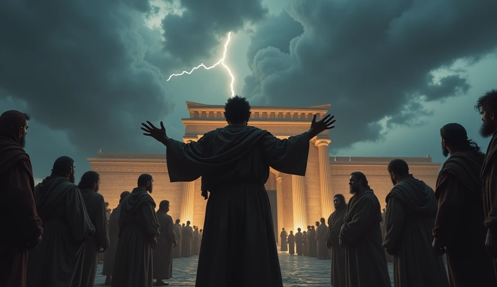Generate a realistic illustration of the false prophet of revelation, conforme descrito nas escrituras. Ele deve ser retratado como um homem vestindo roupas religiosas escuras, ((cabelos curtos)), with a charismatic and mysterious look. He's standing in front of a crowd of people, and his hands are raised to heaven. Make the fire descend from the sky in a dramatic flow, Create a visual connection between the false prophet's hands and the fire he invokes. The crowd must be surprised and terrified by this supernatural spectacle. He captures the moment of tension as the false prophet demonstrates his power before men. --auto