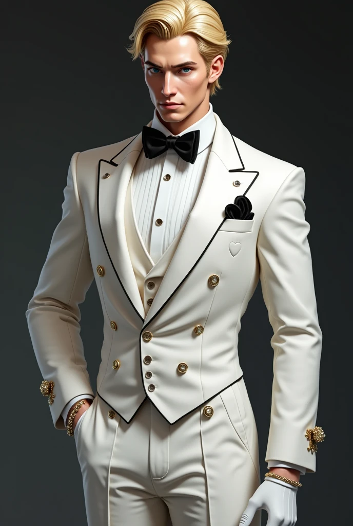 a vampire very handsome, slim, masculine body, detailed face, detailed body, wearing a white suite, blood, black hair, earrings, the background old castle,