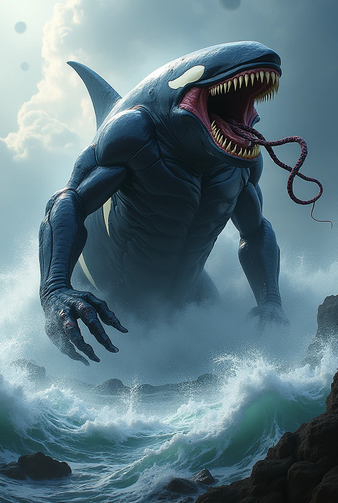 a worm-like alien, blue, bald, with shark teeth, narrow eyes, and human-like arms and legs with long fingers, in a tight black anime style suit screams against a yellow and orange wall