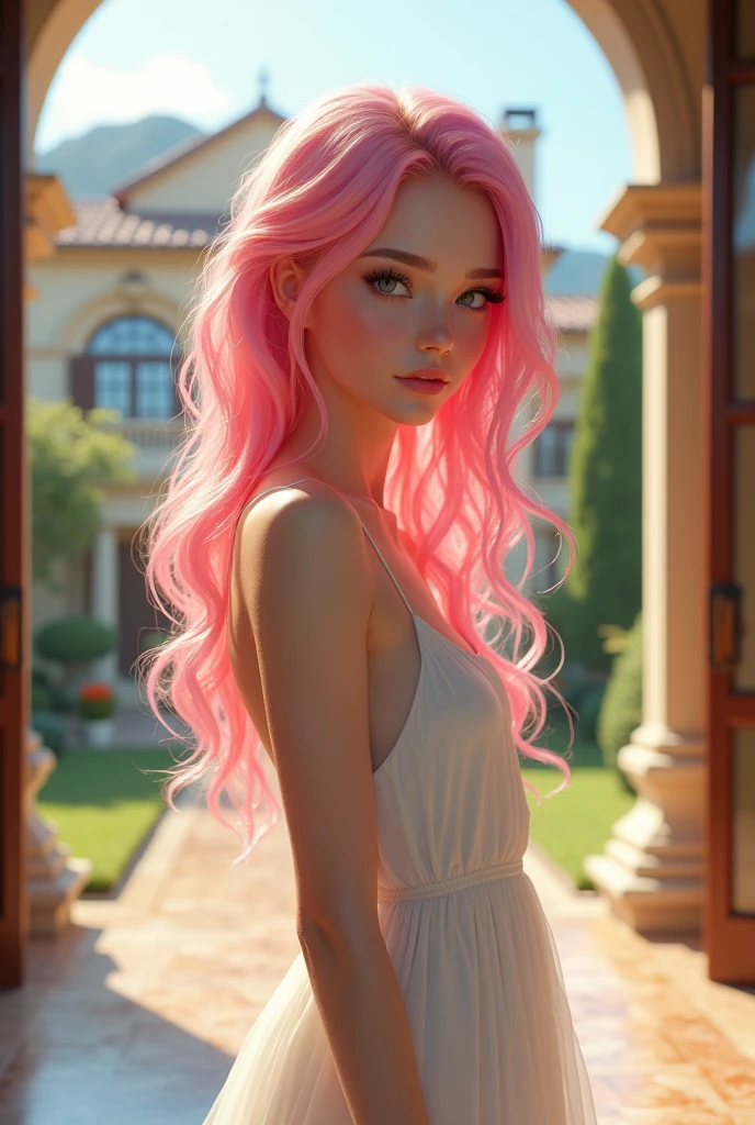 Masterpiece, best quality, super detailed, illustration, beautiful detailed eyes, close up, 1 girl, pink hair, white dress, villa doorway, standing position, face down