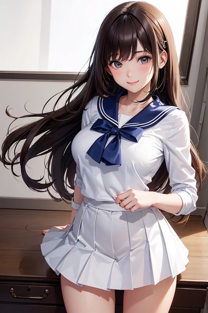 Best Quality,High resolution,8k,finelity detailed background,Masterpiece:1.2),beautiful girl,Shiny brown hair,Beautiful brown eyes,Gentle look,A refreshing look,smile,Best quality,Best Quality,Aesthetic and aesthetic:1.2,Best details((Super detailed))(High-definition CG illustrations),Sailor suit,Summer clothes,Big Breasts,Slender body,morning,sunlight,School,classroom,smile,blush,cute,Scrounge,Looking up,Being spoiled,super model,shoot from,below