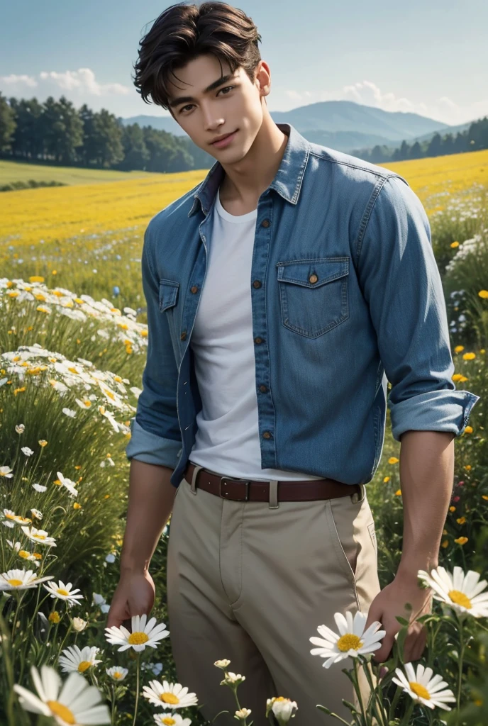 UHD, A tall, lean, handsome man with muscular build stands in the middle of a wildflower meadow garden, surrounded by a sea of blooming daisies, lavender, and tall grasses that sway gently in the breeze. His unbuttoned plaid shirt hugs his defined chest, revealing a hint of a strong, sun-kissed torso underneath. His easy smile and sparkling eyes give him an air of both rugged charm and down-to-earth sensuality. His dark short hair is swept back, but loose strands fall over his intense blue eyes, which are focused on viewers. The sun sets low in the sky, casting a golden glow over the scene, with bees buzzing around the flowers and the earthy scent of freshly bloomed wildflowers filling the warm air.