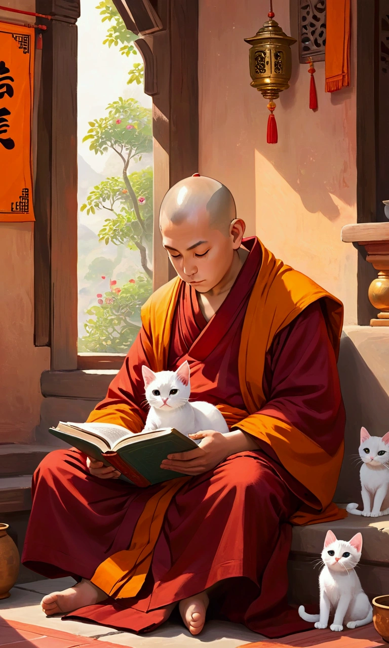 generate a cover art, A serene scene of an old monk dressed in a traditional maroon robe, sitting calmly while reading a book. The monk is in the corner with one kitten sitting on the monk's lap, and one curious kitten is nestled closely to him, attentively gazing at the book as if they're reading along. The setting is peaceful, with soft, natural lighting, and the monk and kittens are the focal points, but placed in order of frame, creating  with an orange tone in the image, wide shot, eye level view 