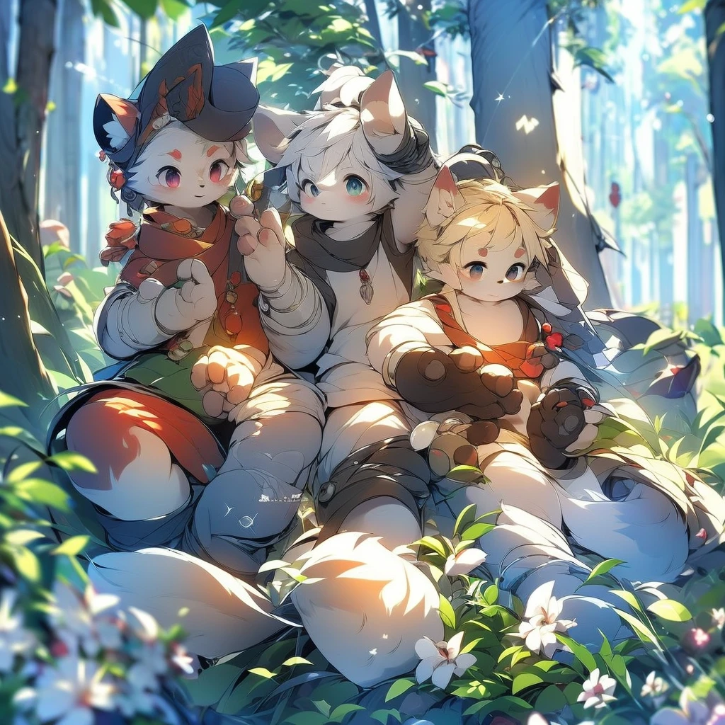 Depth of Field，Perfect lighting，Light Particles，（high quality）（masterpiece），（Very detailed），Clear focus，Light Particles蓝色的_Eye，Smile，Unique，hairy的，animal_ear_Brushed，Black Fox，hairy，Black Fox，Sunlight，Tree，happiness，Smile ，Fine Hair，Volumetric Light，Hug chest，Ancient Guard，youth