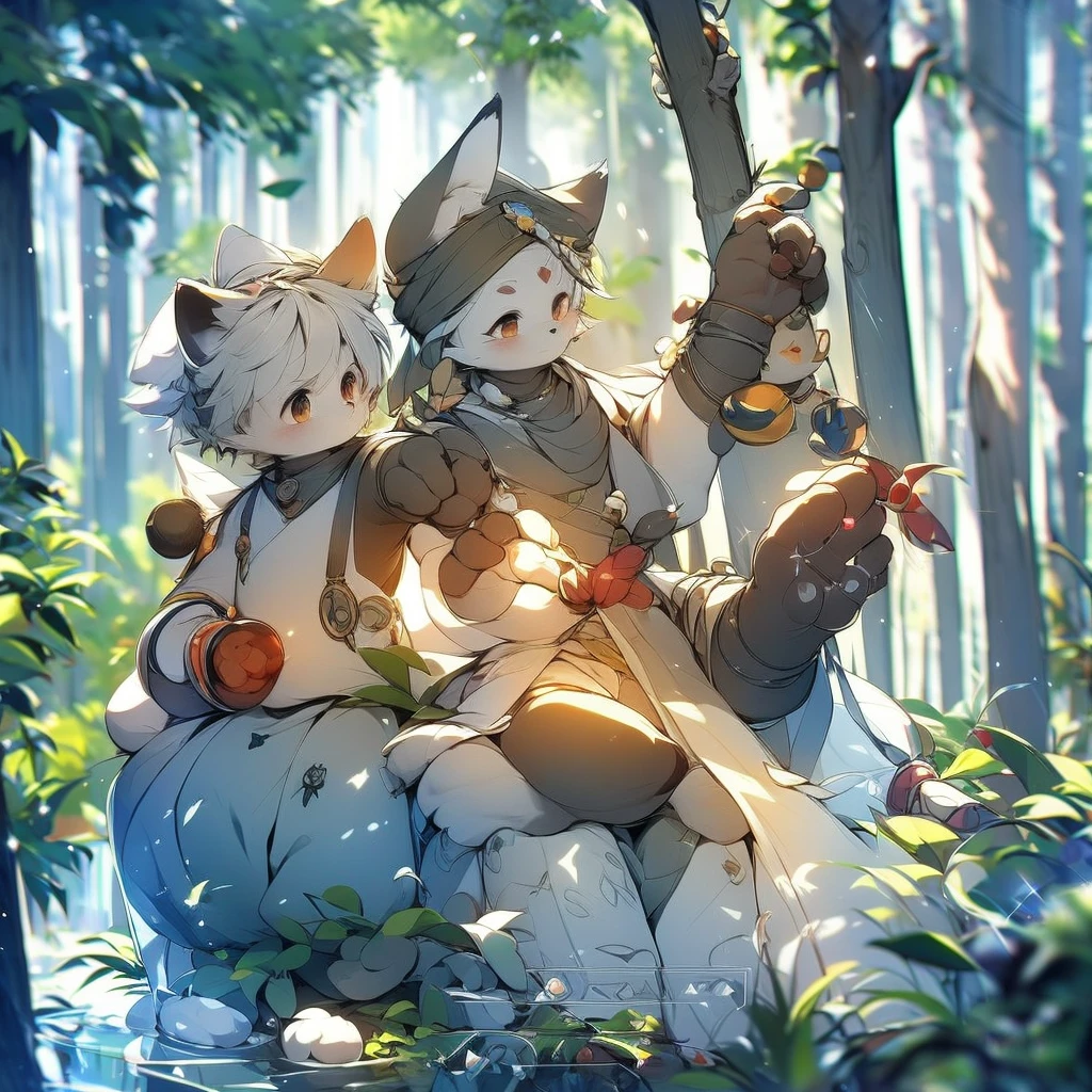 Depth of Field，Perfect lighting，Light Particles，（high quality）（masterpiece），（Very detailed），Clear focus，Light Particles蓝色的_Eye，Smile，Unique，hairy的，animal_ear_Brushed，Black Fox，hairy，Black Fox，Sunlight，Tree，happiness，Smile ，Fine Hair，Volumetric Light，Hug chest，Ancient Guard，youth